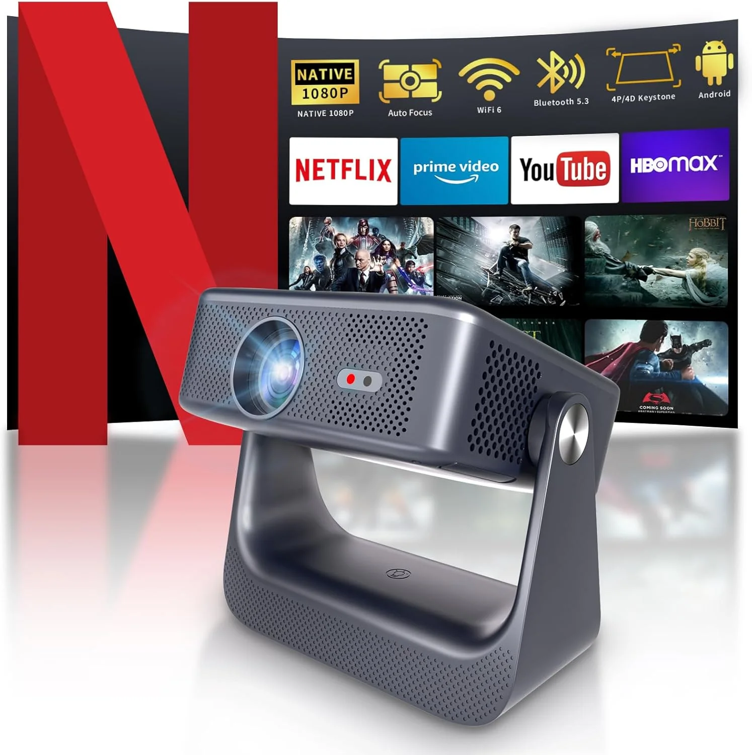 پروژکتور هوشمند [GTV رسمی] با WiFi 6 و بلوتوث، پشتیبانی از 4K دارای مجوز NF، پروژکتور سینمای خانگی و فضای باز با فوکوس خودکار، پروژکتور فیلم