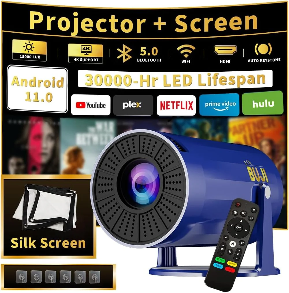پروژکتور قابل حمل کوبوکی BUJI 4K 1080P با صفحه نمایش 1500 لومن، رابط کاربری عربی، اندروید 11.0، پروژکتور مینی HD، وای فای 5G، بلوتوث، پروژکتور ویدیویی خانگی، کیستون خودکار 180 درجه چرخان با پایه دارای گواهینامه CE/FCC پروژکتور قابل حمل کوبوکی BUJI 4K 1080P با صفحه نمایش 1500 لومن، رابط کاربری عربی، اندروید 11.0، پروژکتور مینی HD، وای فای 5G، بلوتوث، پروژکتور ویدیویی خانگی، کیستون خودکار 180 درجه چرخان با پایه دارای گواهینامه CE/FCC