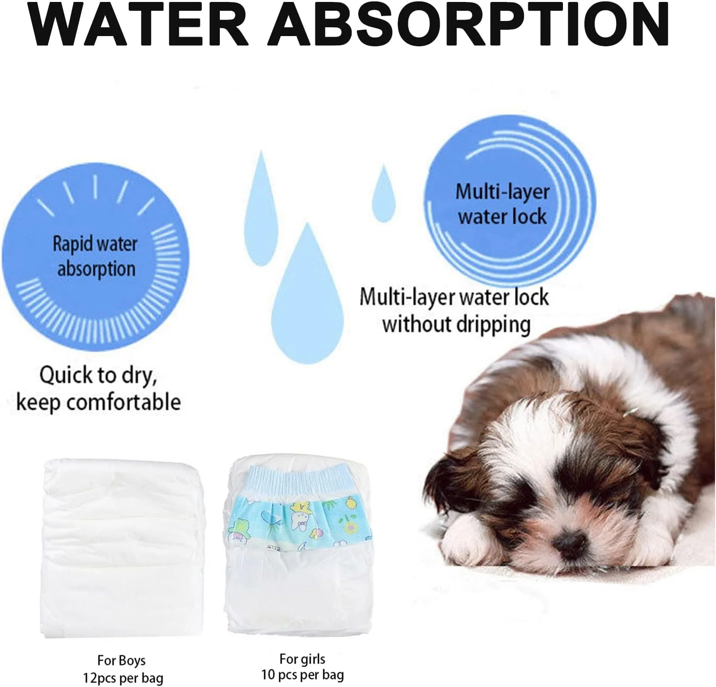 پوشک سگ یکبار مصرف با سوراخ دم قابل تنظیم، پوشک سگ راحت برای سگ های دختر و پسر با پد فوق العاده جاذب برای سگ های نر و ماده (20-24 عدد)