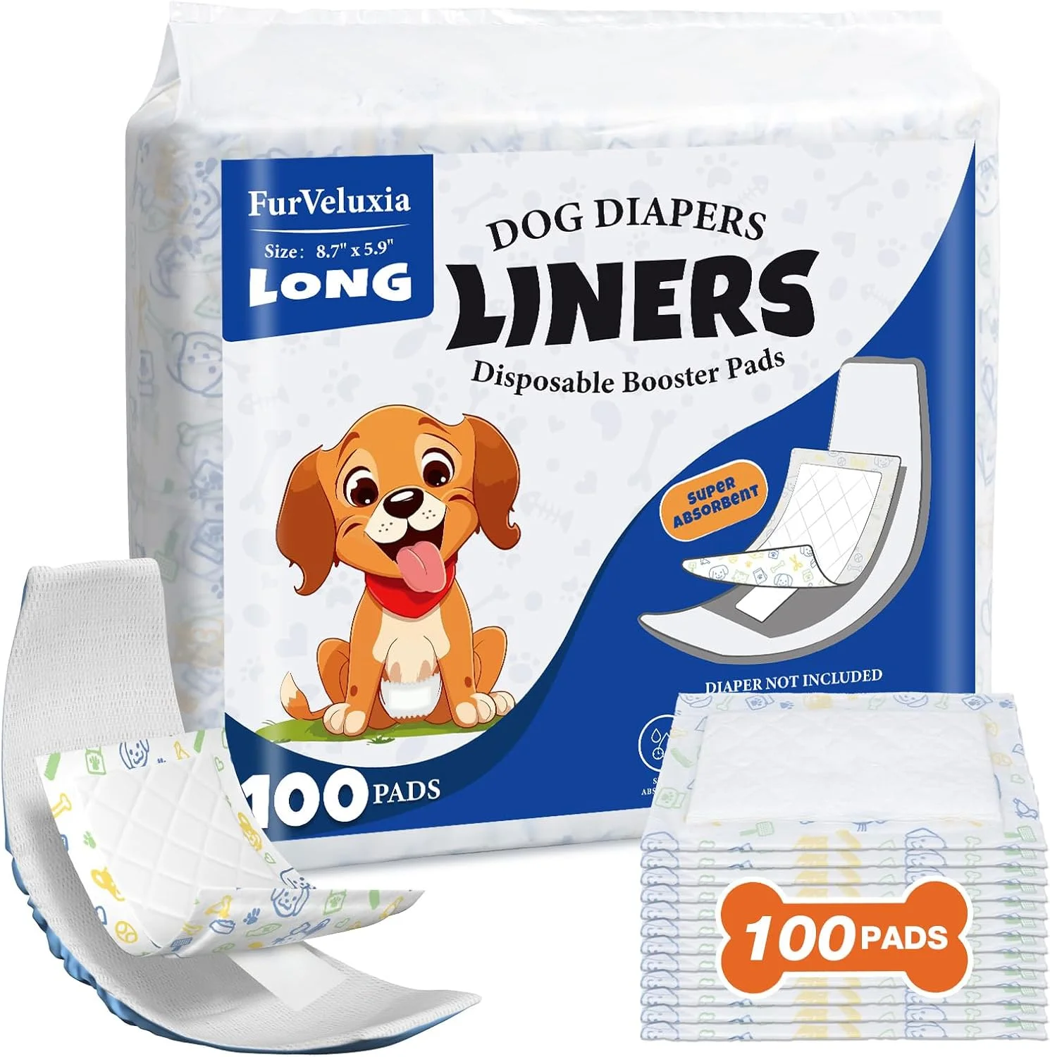 پدهای جاذب پوشک سگ FurVeluxia برای سگ های نر و ماده (100 عدد)، پدهای یکبار مصرف فوق العاده جاذب برای سگ ها، مناسب برای اکثر شکم بندها و پوشک های قابل شستشو و استفاده مجدد