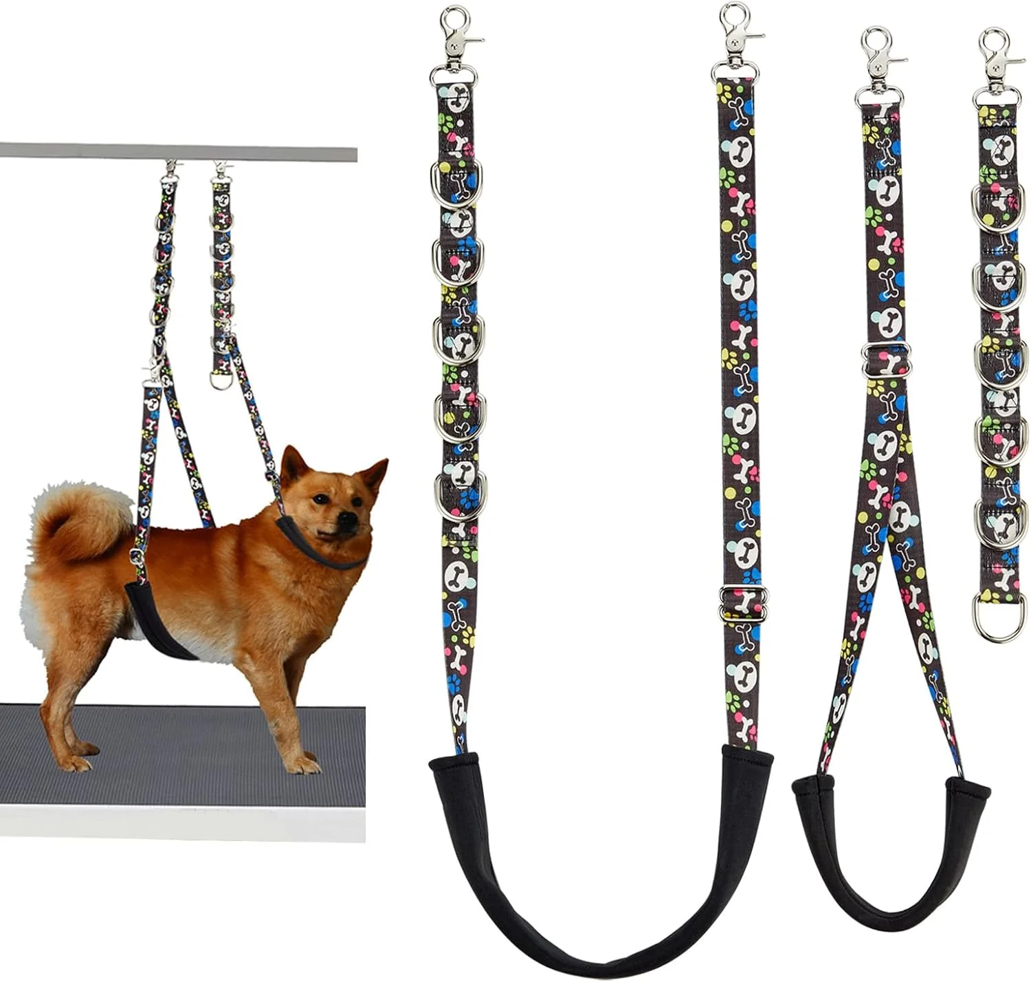 بند شکمی سگ FURSDOLY برای نظافت، حلقه نظافت سگ، لوازم جانبی بازوی میز نظافت سگ، طرح پنجه و استخوان زیبا، بندهای توسعه دهنده حلقه نظافت سگ (مشکی)