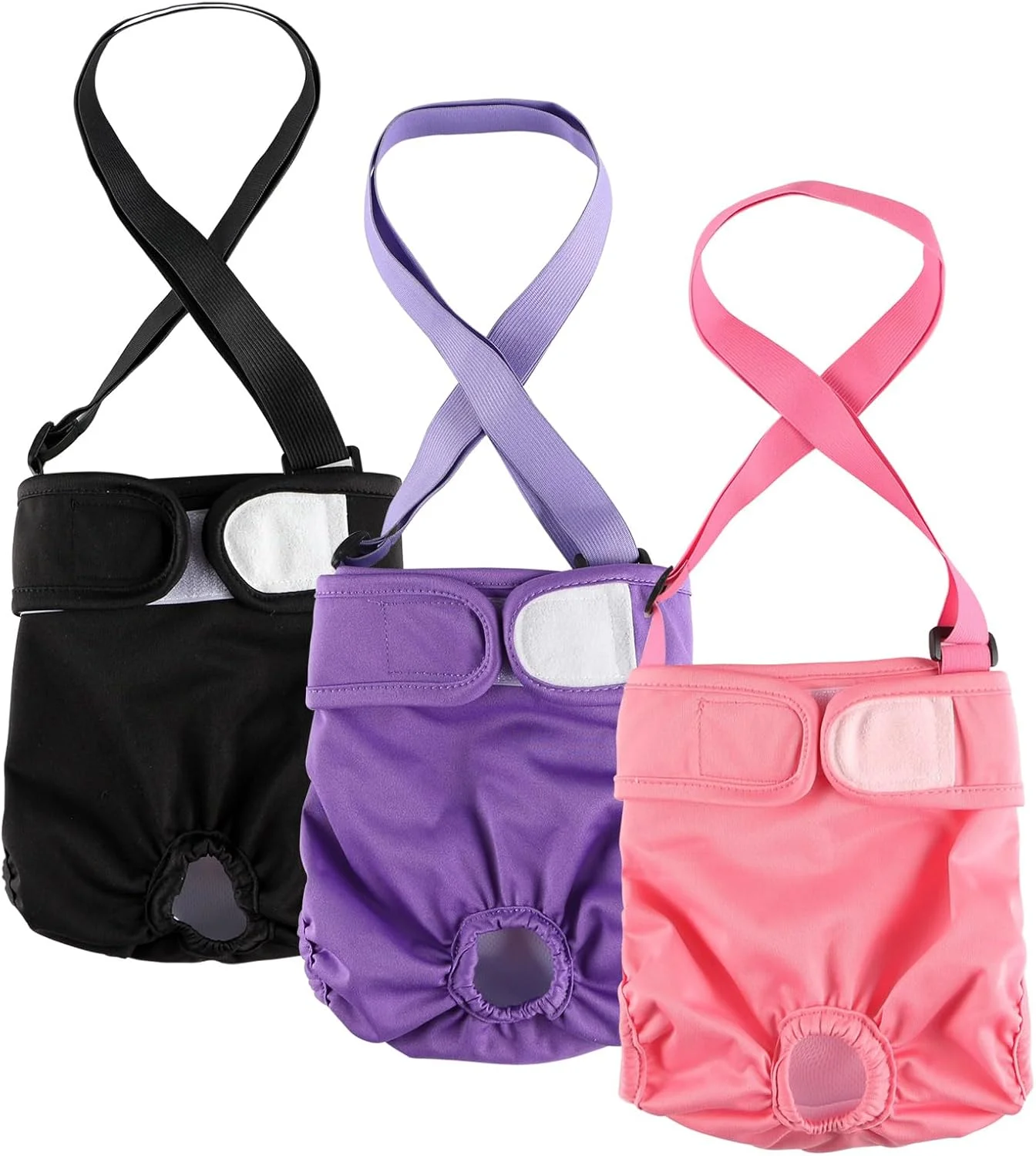 پوشک سگ ماده Hisprout، بسته 3 عددی، با بند شانه ای، قابل شستشو، تنفس پذیر و بادوام، شورت سگ برای فصل گرما، بی اختیاری ادرار (S، صورتی/بنفش/مشکی)