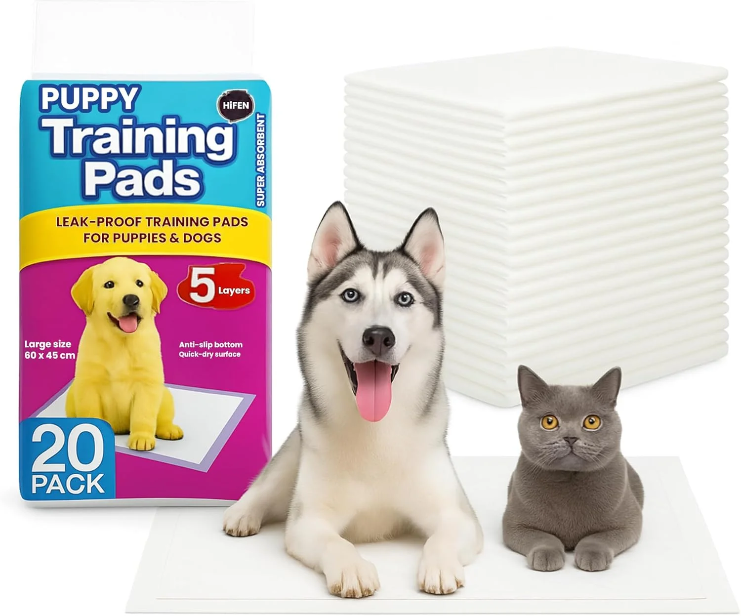 پد آموزشی سگ HiFEN® بسته 20 عددی، سفید 60x45 سانتی متر، پد ادرار ضد نشت سگ، 5 لایه خشک شونده سریع و پد توالت ضد لغزش حیوانات خانگی