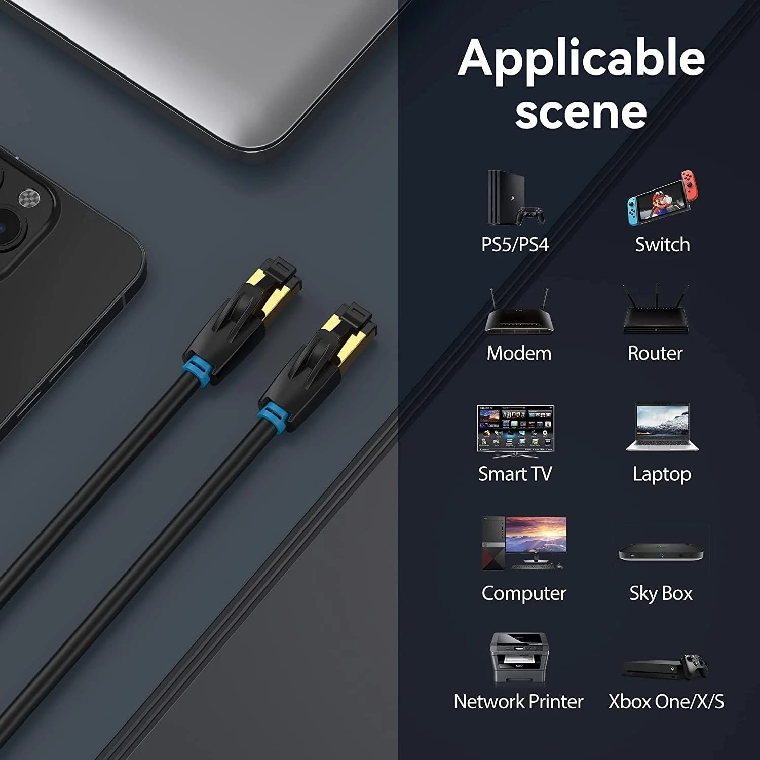 کابل شبکه VENTION Cat 8 اترنت 40Gbps 2000MHz سرعت بالا LAN Patch RJ45 کابل شبکه زوج به هم تابیده S/FTP برای سوئیچ، روتر، پچ پنل، PS4، Xbox، مرکز داده (Cat.8 SSTP گرد، 1 متر)