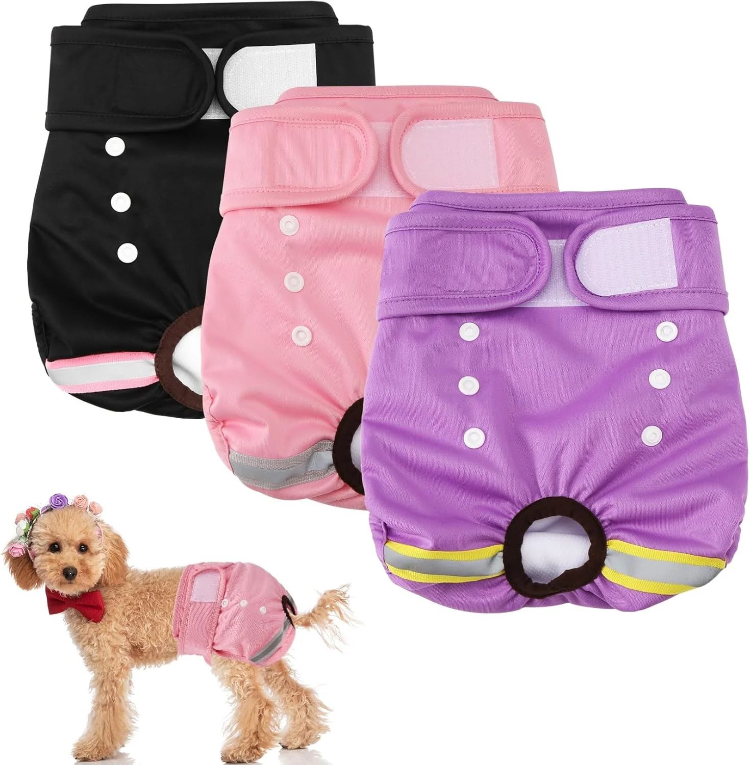 ست 3 عددی پوشک سگ ماده قابل استفاده مجدد یوکدانم با نوار فلورسنت - شورت قاعدگی سگ ماده قابل شستشو، پوشک سگ ماده قابل شستشو، پوشش پوشک سگ ماده برای دوره فحلی - مشکی/صورتی/(M)
