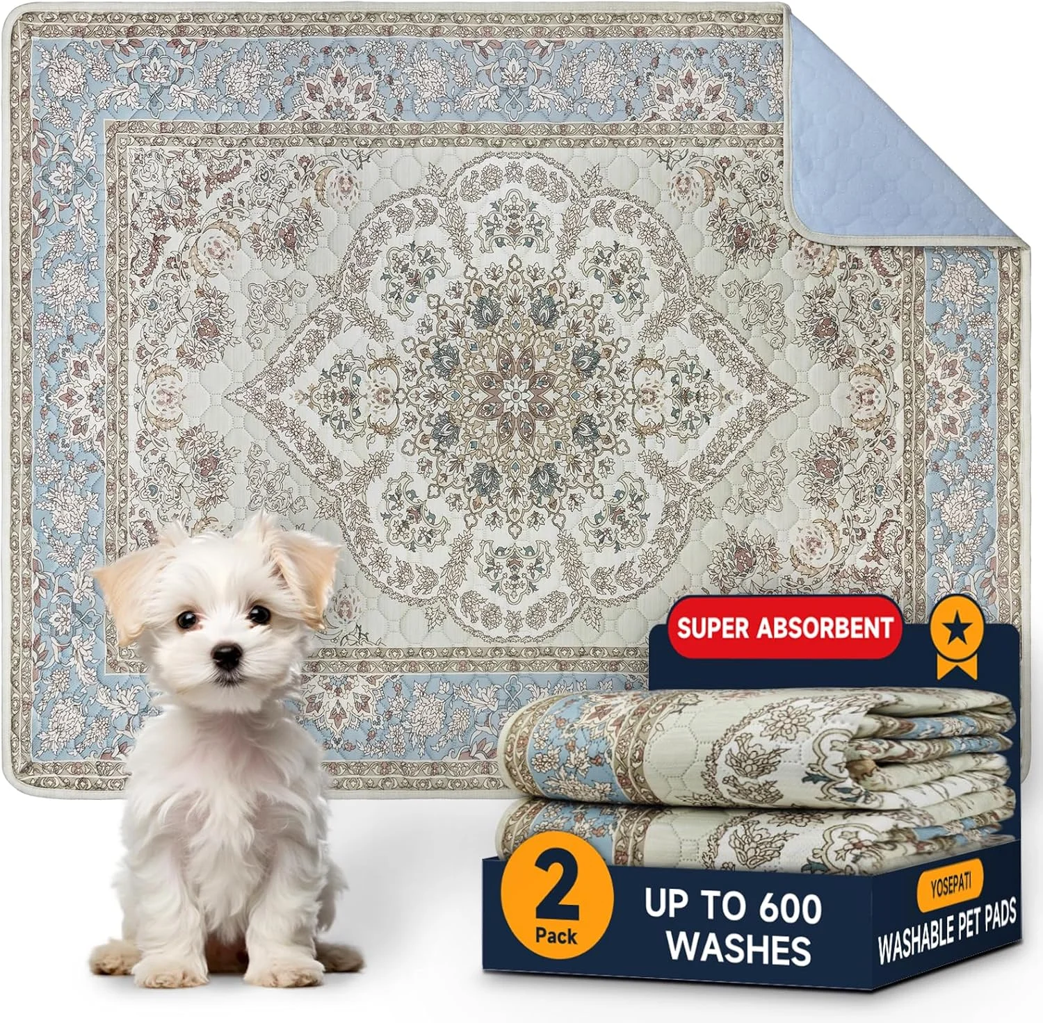 پدهای ادرار قابل شستشو YOSEPATI برای سگ ها، بسته 2 عددی پد توله سگ قابل استفاده مجدد 18"x24" فوق العاده جاذب پدهای آموزشی ضد آب برای حیوانات خانگی، پدهای دستشویی ضد لغزش برای جعبه، کف، مبل (مدالیون خاکستری، 18"x24" (بسته 2 عددی))