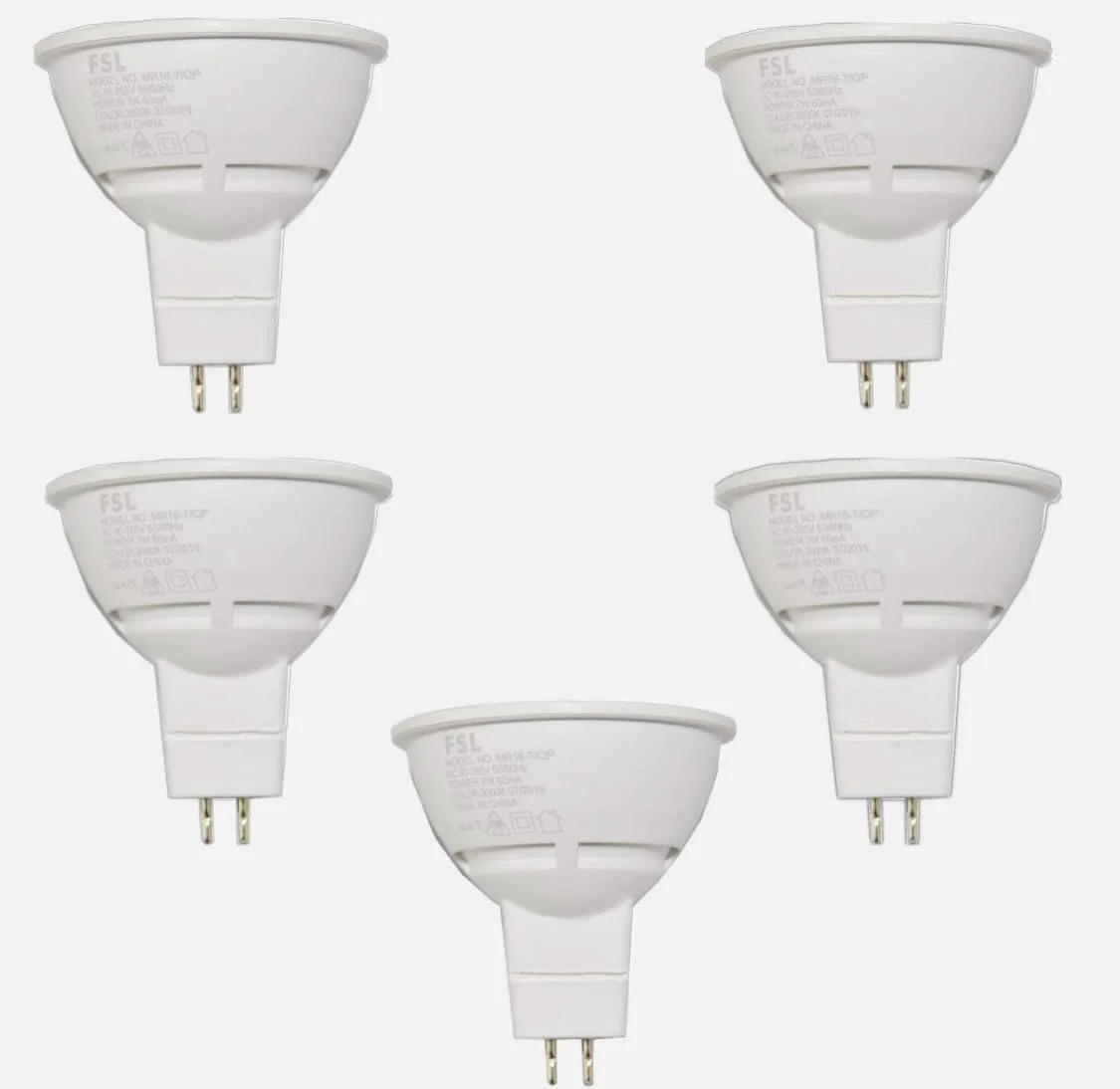چراغ ال ای دی MR16 مدل FSL، توان 7 وات، پایه GU5.3، ولتاژ AC90-220V، سفید 6500K/سفید گرم 3000K، بسته 5 عددی (سفید گرم 3000K)