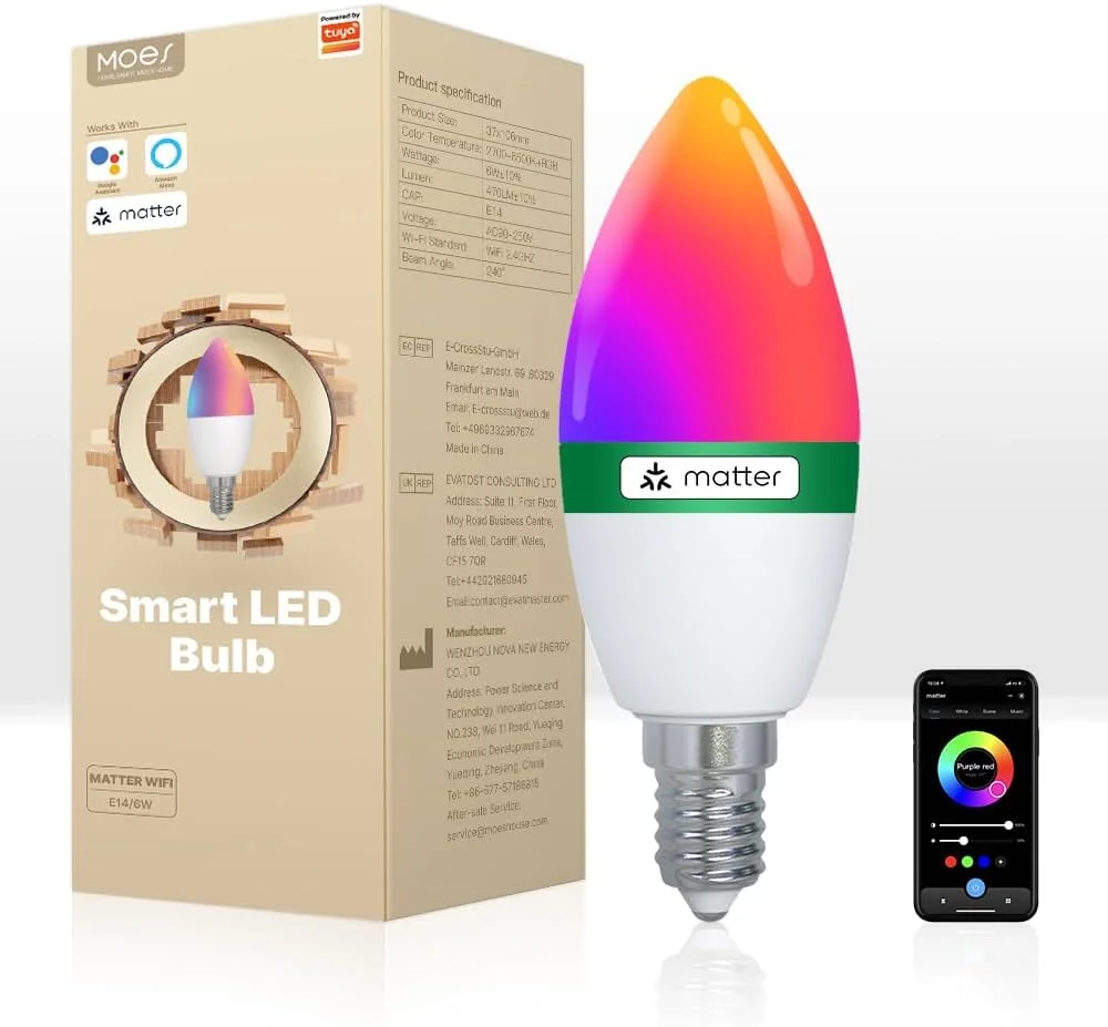 لامپ هوشمند LED MOES، پایه E14، تغییر رنگ RGBW 2700K-6500K، 470 لومن، 6 وات، سازگار با استاندارد Matter، اتصال WiFi 2.4 گیگاهرتز، کار با الکسا/گوگل هوم/اپل هوم (تک)