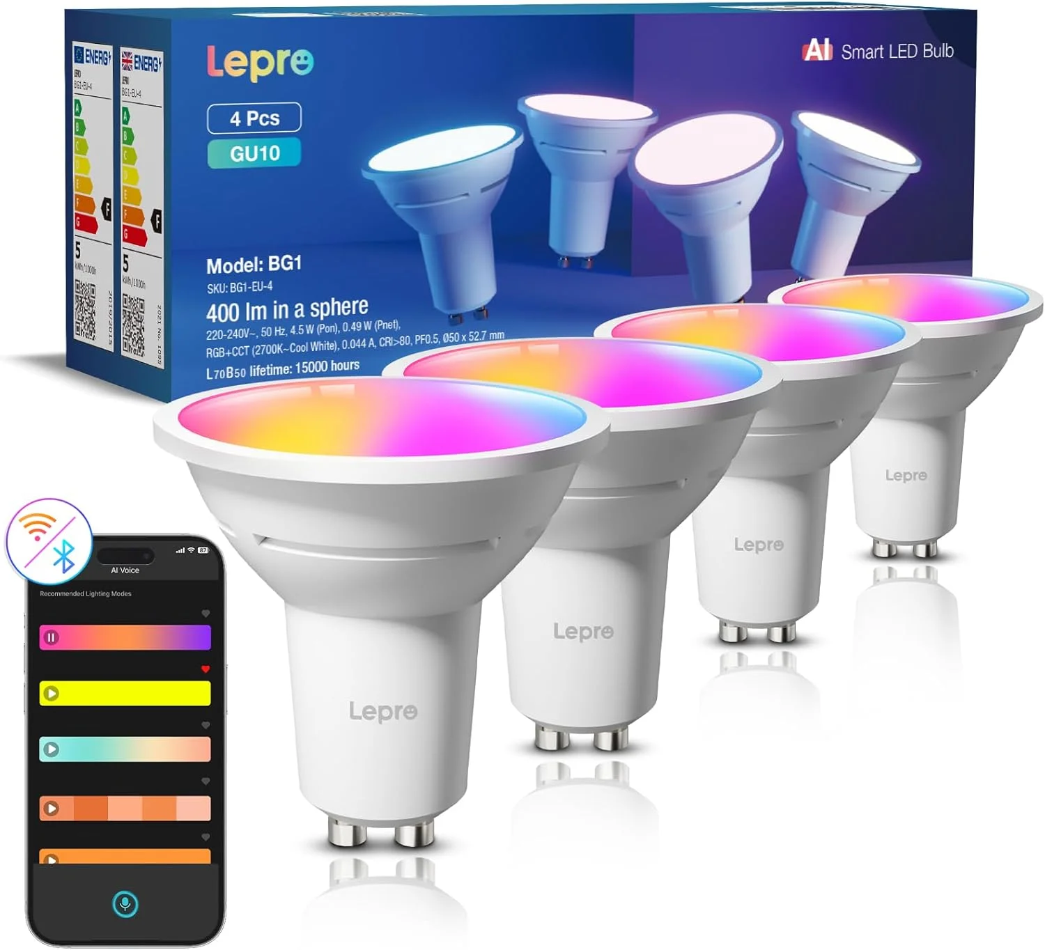 لامپ هوشمند ال ای دی Lepro BG1 با پایه GU10، 400 لومن، 4.5 وات، لامپ نقطه ای دیمر پذیر، RGB 2700K-5700K، معادل هالوژن 50 وات، طراح نورپردازی هوش مصنوعی شخصی سازی شده، همگام سازی موسیقی با کنترل صوتی، لامپ بلوتوث و وای فای، بسته 4 عددی