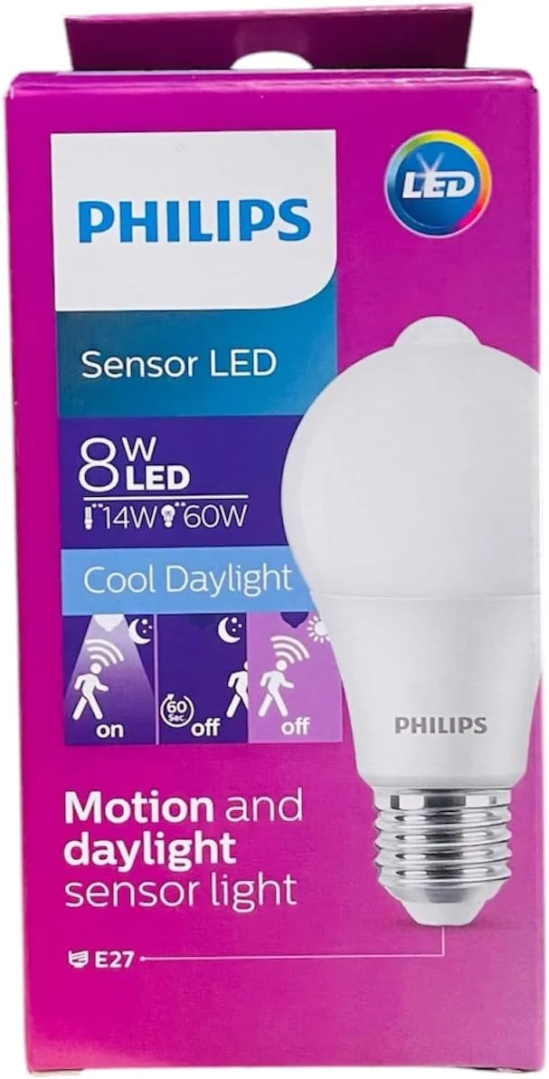 لامپ ال ای دی حسگر حرکتی فیلیپس 8-60 وات A60 E27 نور سفید یخی