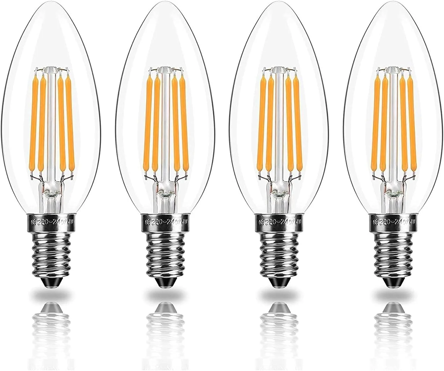 لامپ‌های فیلامنتی LED مدل E14، توان 4 وات، بسته‌ی 4 عددی، شمعی شیشه‌ای شفاف C35 با قابلیت تنظیم نور، 2700 کلوین نور سفید گرم 400 لومن، صرفه‌جویی 90 درصدی در انرژی، طول عمر 35000 ساعت، ایده‌آل برای لوسترها، شمعدان‌ها و لامپ‌های کلاسیک