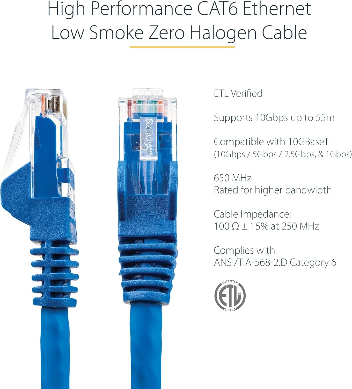 کابل اترنت 2 متری CAT6 StarTech.com - LSZH (هالوژن صفر دود کم) - 10 گیگابیتی 650 مگاهرتز 100 وات PoE RJ45 UTP کابل پچ شبکه بدون گیر با محافظ کشش - آبی، CAT 6، دارای تاییدیه ETL (N6LPATCH2MBL)