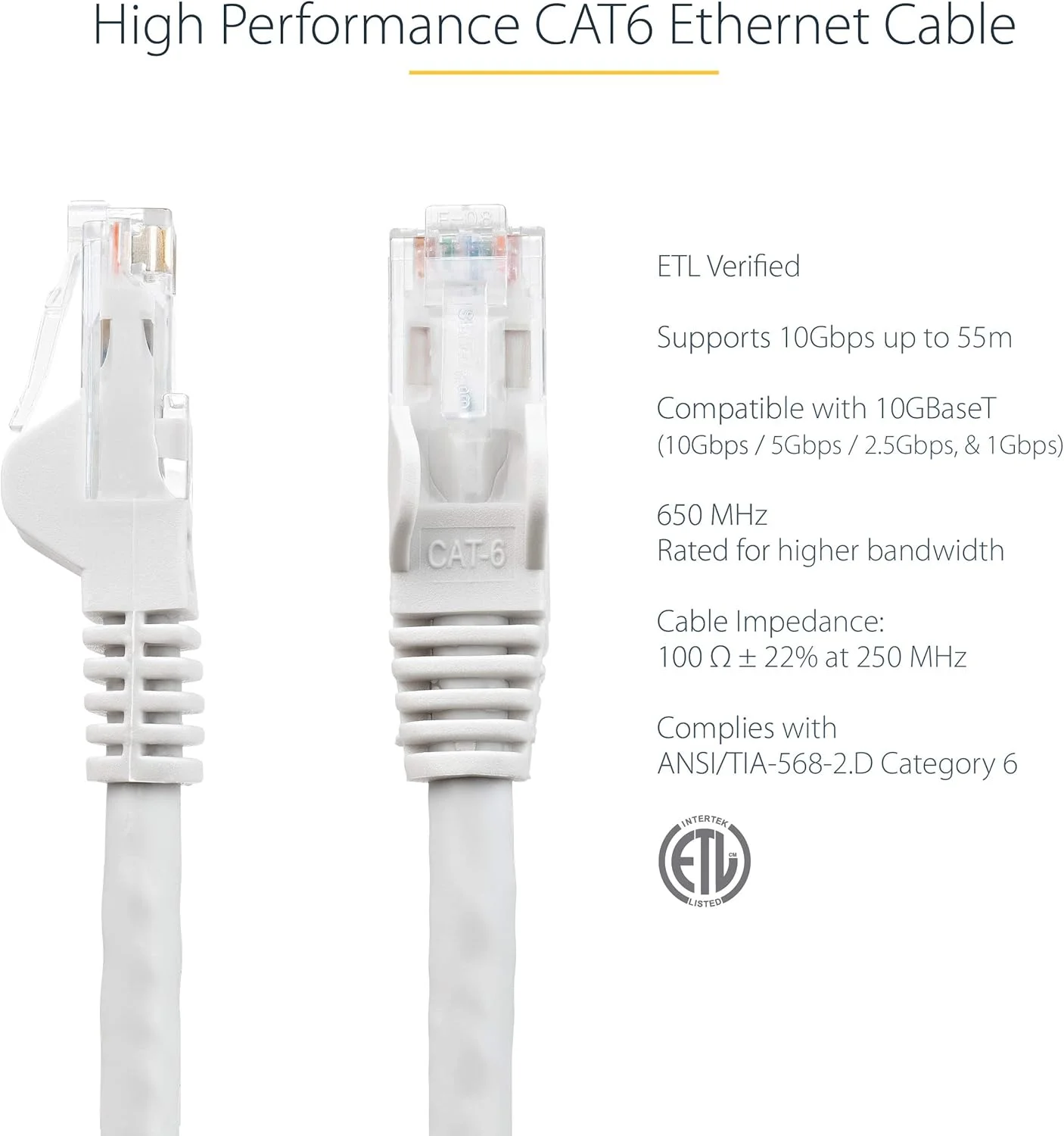 کابل اترنت CAT6 استار تک، 1.5 متری - کابل شبکه گیگابیتی CAT 6 سفید - 650 مگاهرتز 100W PoE RJ45 UTP بدون گیر با محافظ فشار (N6PATC150CMWH)