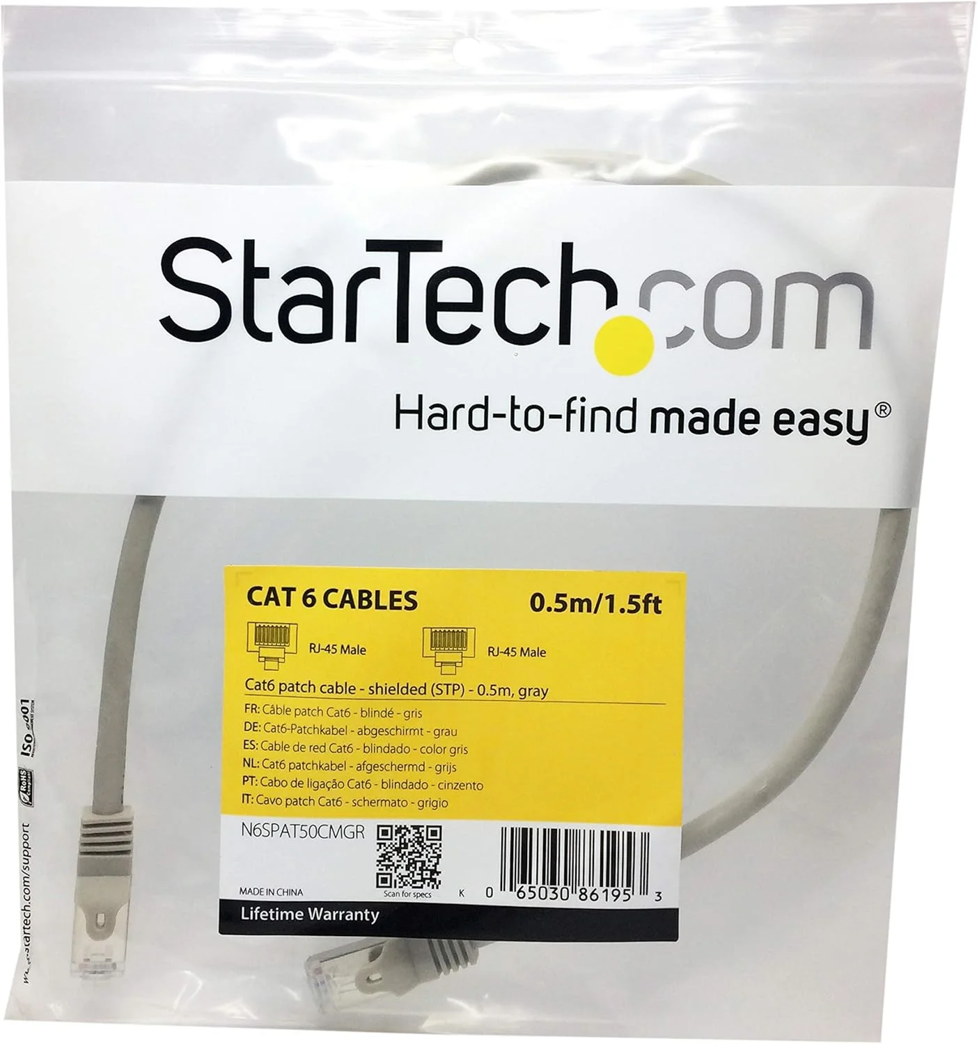 کابل پچ Cat6 شیلددار (SFTP) بدون گیر StarTech.com N6SPAT50CMGR به طول 0.5 متر - کابل پچ شبکه گیگابیتی - خاکستری