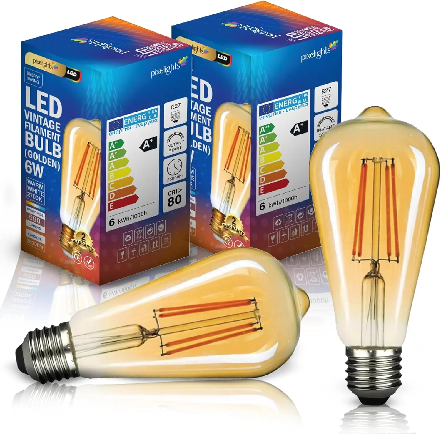 لامپ ادیسونی ال ای دی Pixelights، 6 وات E27، ST64 طلایی، 2700K سفید گرم، سبک عتیقه، 600 لومن، 25000 ساعت عمر مفید (بسته 2 عددی)
