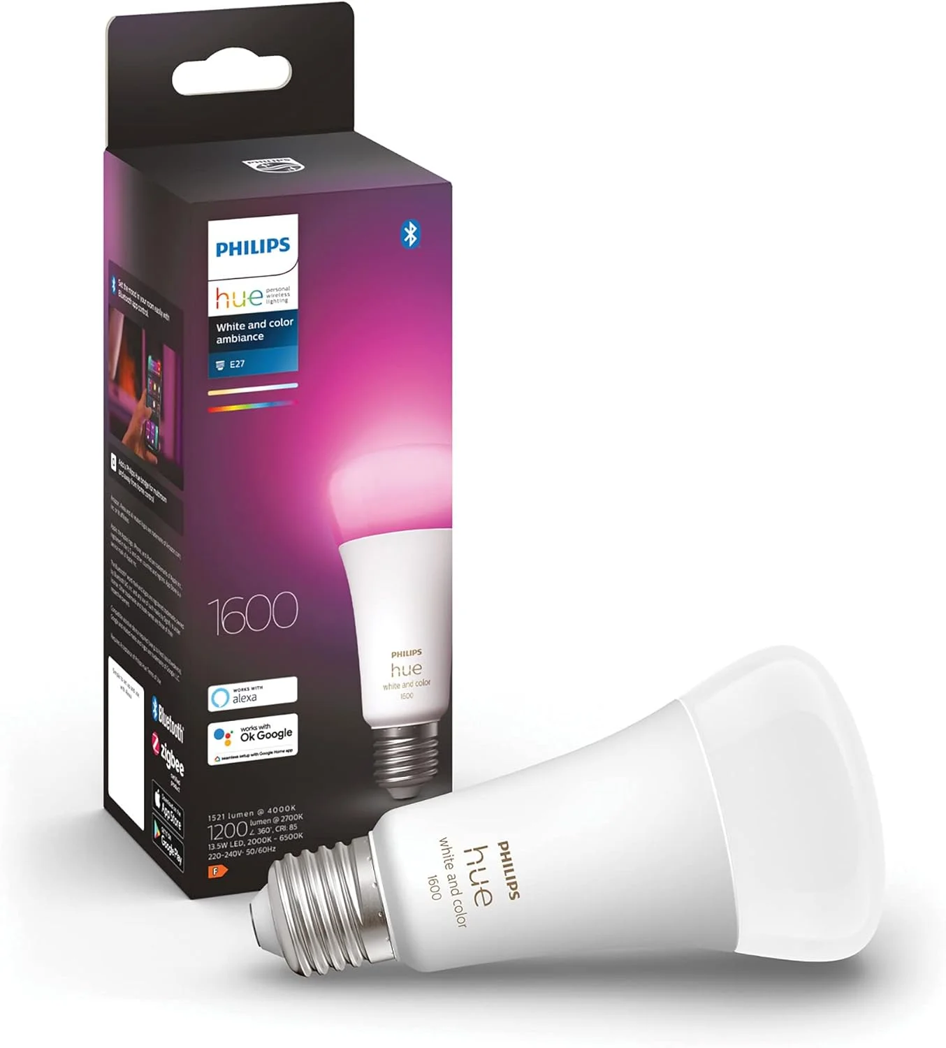لامپ هوشمند فیلیپس Hue White and Colour Ambiance 100W - 1600 لومن [E27 Edison Screw] با بلوتوث. مناسب برای نورپردازی داخلی خانه، اتاق نشیمن، اتاق خواب. کارکرد با کنترل صوتی، الکسا.