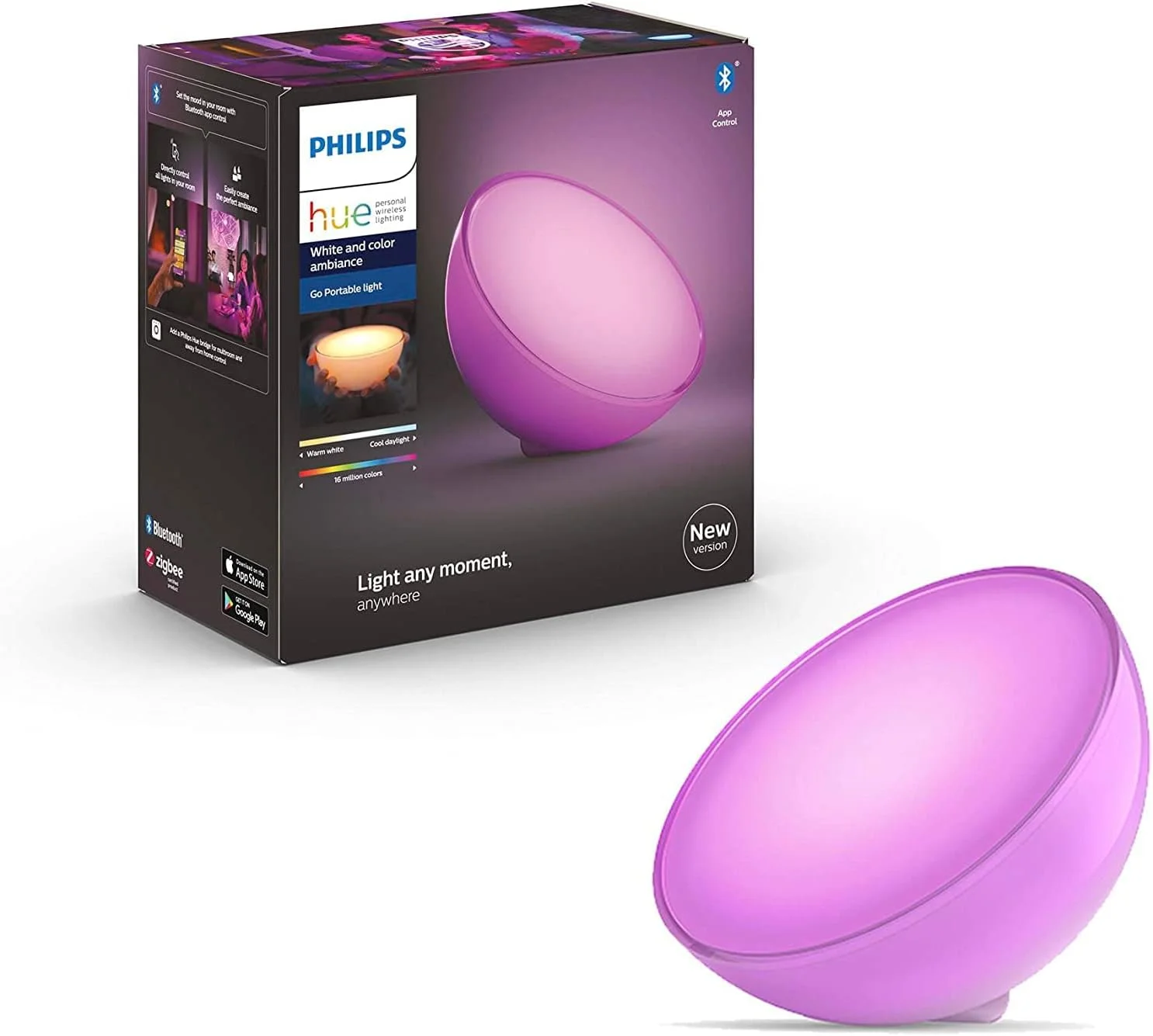 چراغ هوشمند قابل حمل PHILIPS HUE Go 2.0 White & Colour Ambiance با بلوتوث، سازگار با الکسا و دستیار گوگل (تک بسته)