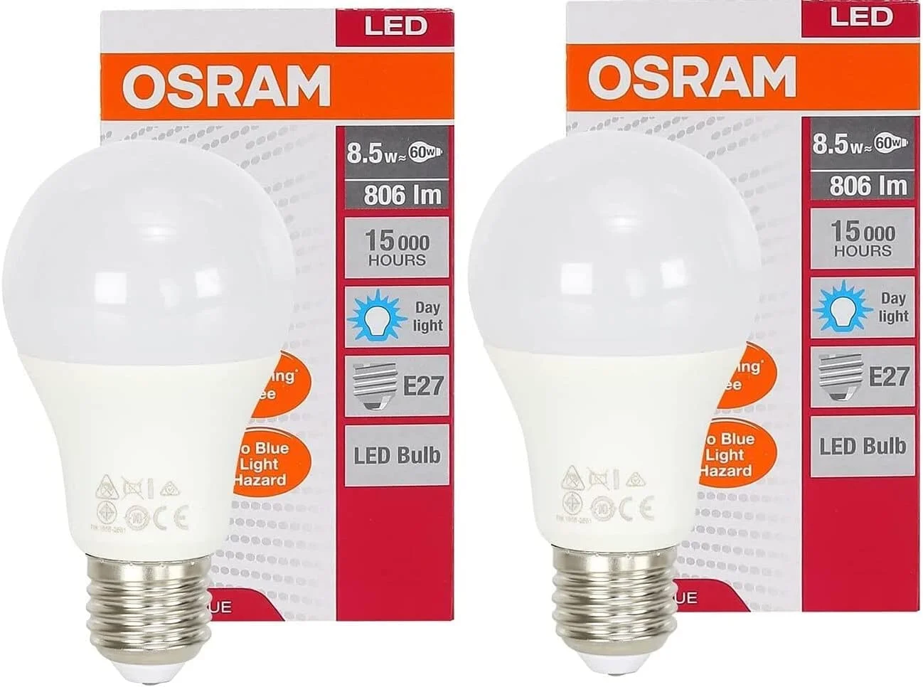 لامپ ال ای دی OsRAM - پایه E27 توان 8.5 وات نور سفید یخی بسته 2 عددی