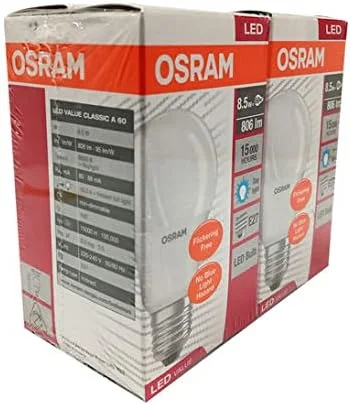لامپ ال ای دی OsRAM - پایه E27 توان 8.5 وات نور سفید یخی بسته 2 عددی