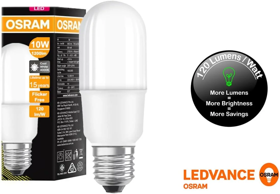 بسته دو عددی لامپ ال ای دی استوانه ای پایه E27 اوسرام، نور سفید یخی 10 وات 4000 کلوین