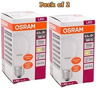 لامپ ال ای دی اسرام - پایه E27 توان 8.5 وات نور سفید گرم بسته 2 عددی، مادون قرمز