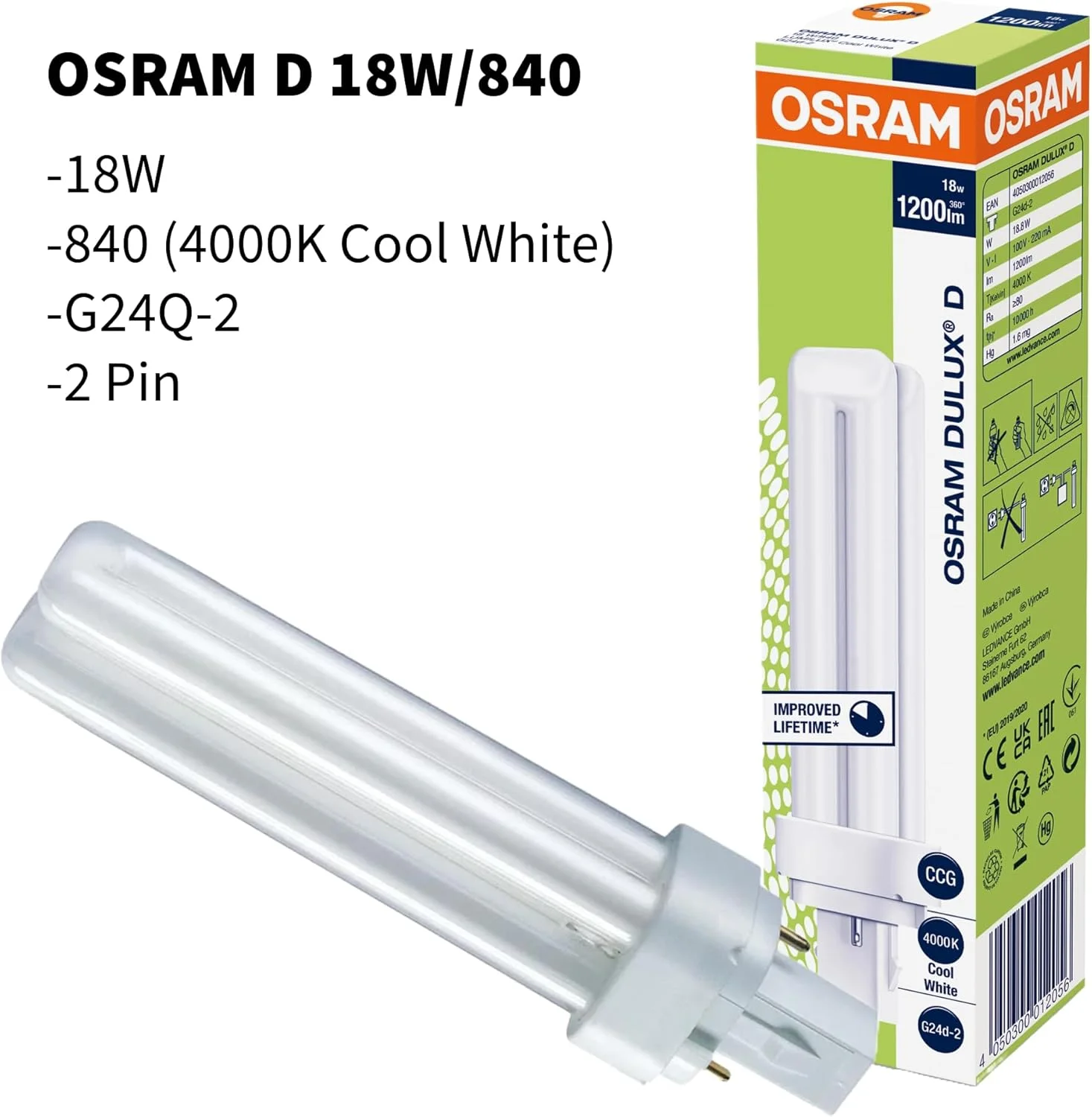 لامپ پایه پلاگین Osram Dulux D، 18 وات، سفید سرد