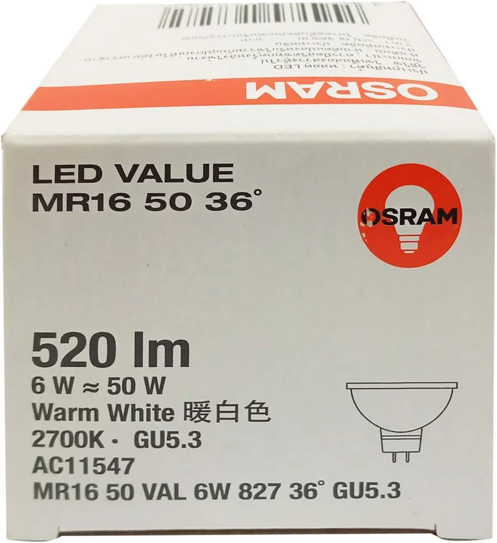 لامپ ال ای دی استار MR16 دوازده ولت اوسرام | معادل لامپ های بازتابنده 50 وات 6 وات، پایه سوزنی GU5.3، سفید گرم/2700 کلوین - 520 لومن