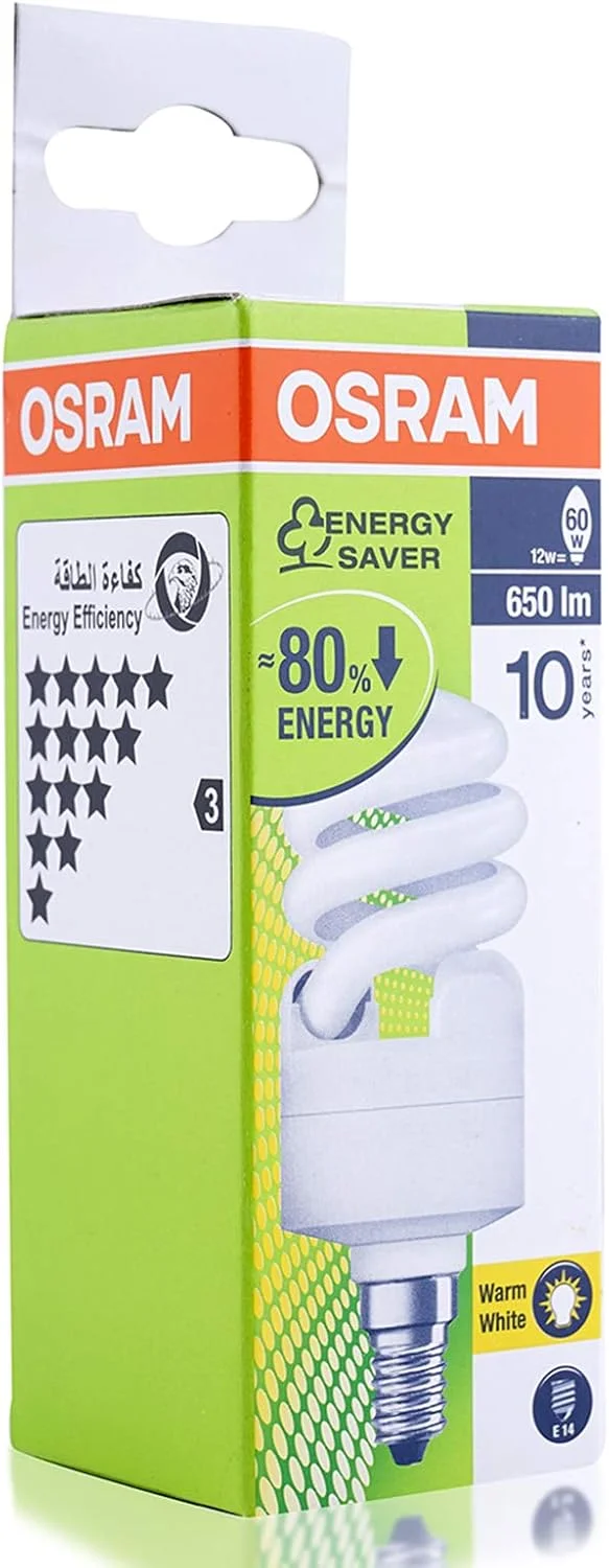 لامپ مینی پیچی کم مصرف اوسرام E14، 12 وات، سفید گرم