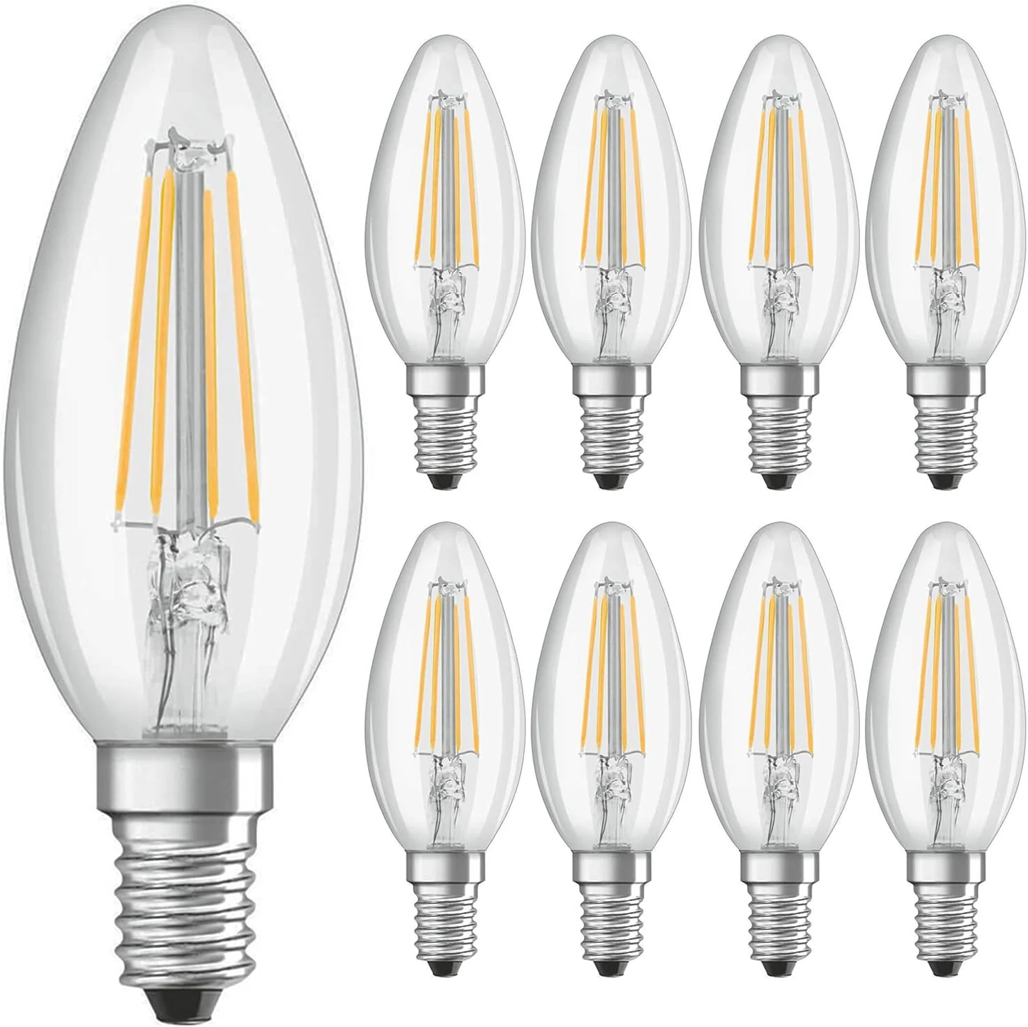 لامپ ال ای دی فیلامنتی استوانه ایی اوسرام پایه E14 نور سفید گرم 2700K توان 4 وات مدل Classic B 40 شفاف غیر قابل تنظیم نور بسته 10 عددی