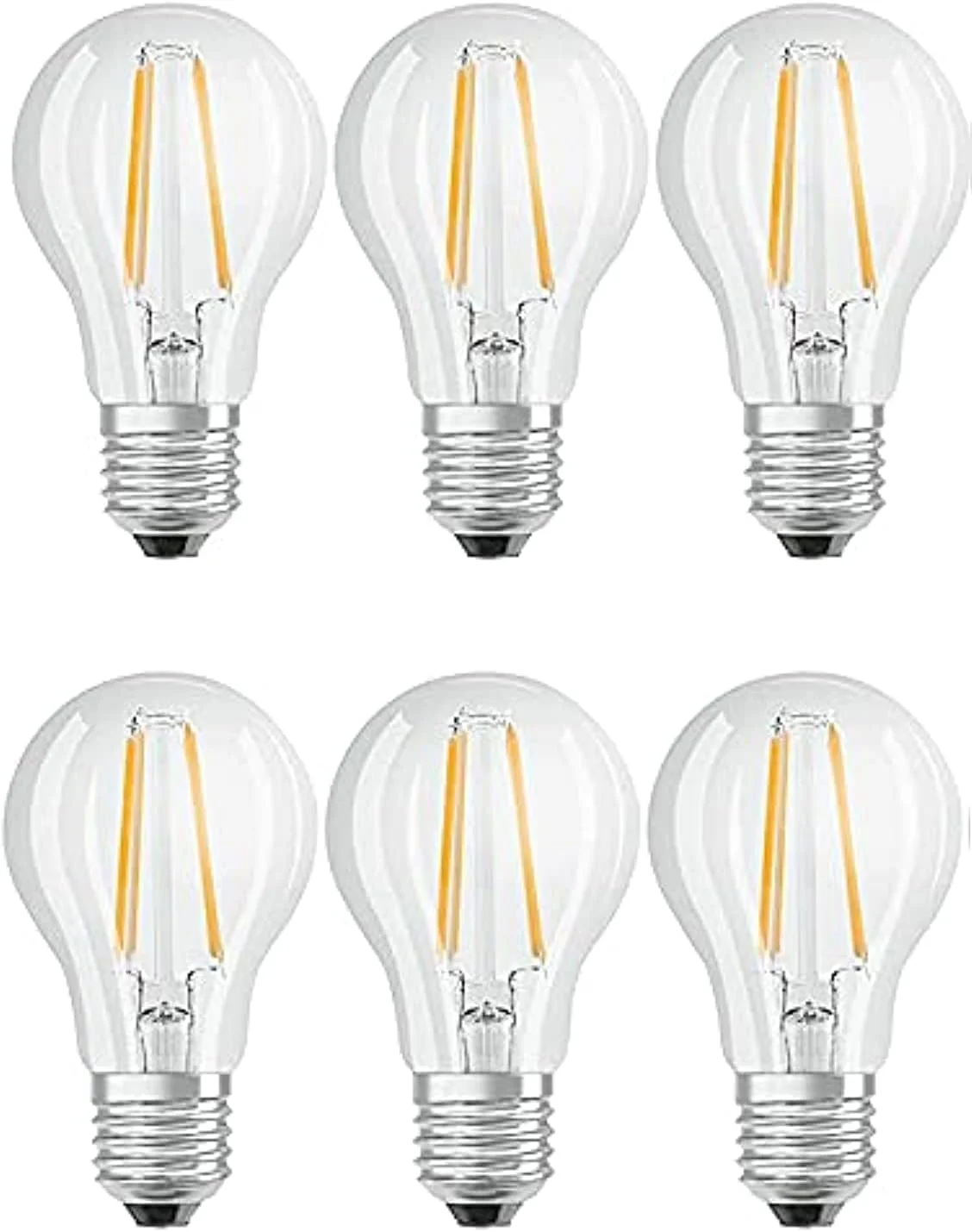 لامپ ال ای دی Osram مدل Classic a با شکل حبابی و طراحی فیلامنتی - پایه: E27، 7 وات شفاف 2700 کلوین، سفید گرم (بسته 6 عددی)