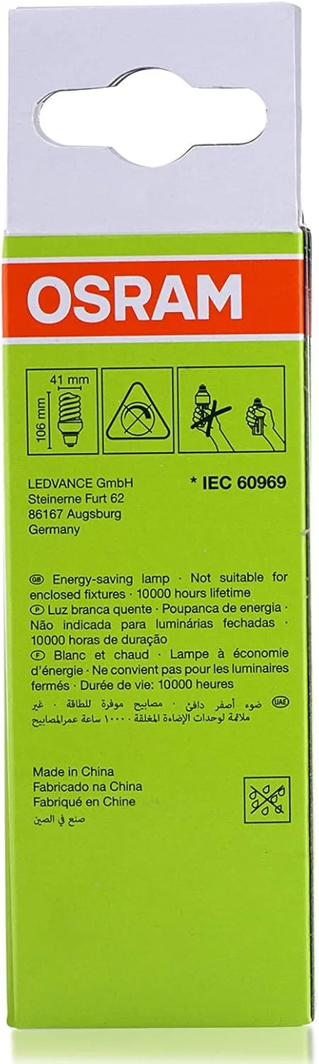 لامپ مینی پیچی کم مصرف اوسرام E14، 12 وات، سفید گرم