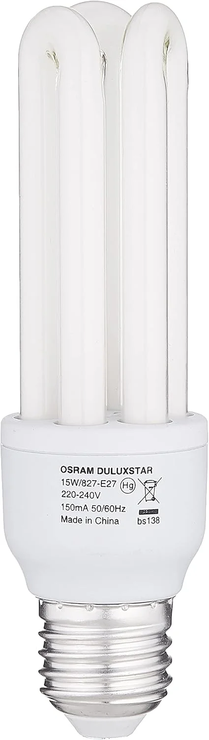 لامپ کم مصرف OsRAM مدل T3، شکل استوانه ای، کم مصرف (15 وات) پایه پیچی E27، سفید گرم