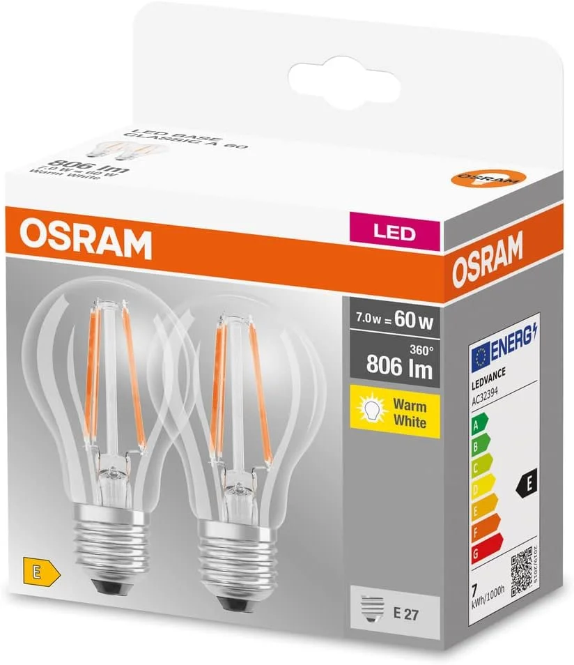 لامپ ال ای دی کلاسیک A اوسرام، 6 وات (معادل 60 وات)، پایه E27، 2700K نور سفید گرم، شیشه شفاف - بسته 2 عددی