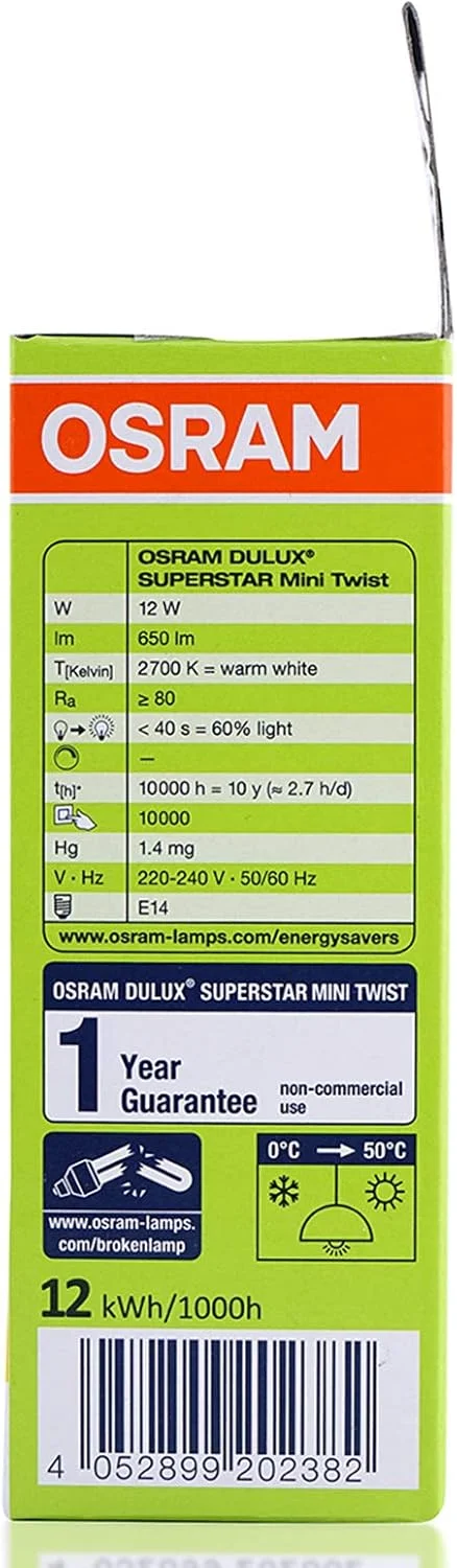 لامپ مینی پیچی کم مصرف اوسرام E14، 12 وات، سفید گرم