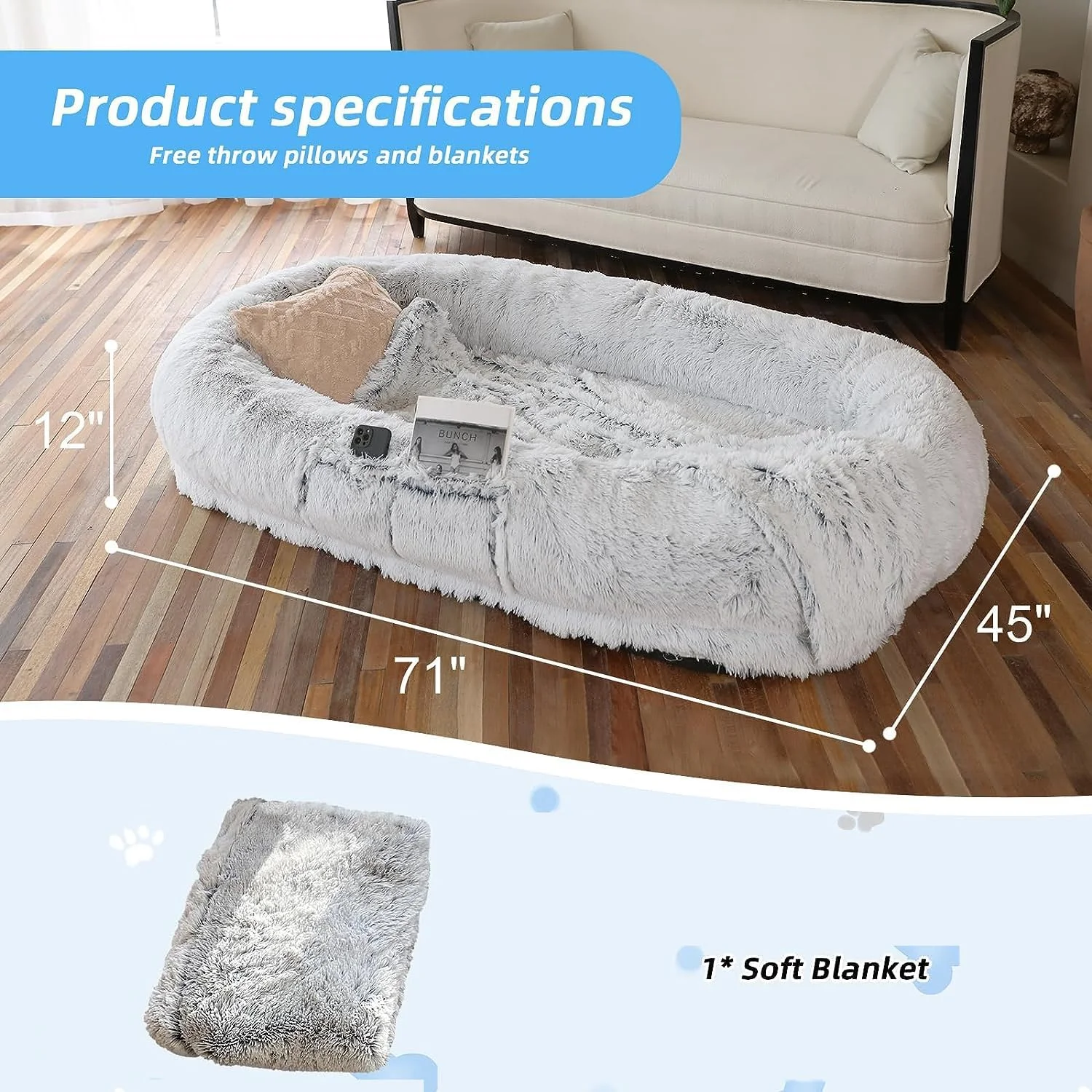 تخت خواب سگ انسانی Skade، تخت خواب 180 سانتی متری برای انسان، مناسب برای شما و حیوانات خانگی، خز مصنوعی نرم و مخملی قابل شستشو برای چرت زدن و استراحت با پتوی نرم خاکستری تخت خواب سگ انسانی Skade، تخت خواب 180 سانتی متری برای انسان، مناسب برای شما و حیوانات خانگی، خز مصنوعی نرم و مخملی قابل شستشو برای چرت زدن و استراحت با پتوی نرم خاکستری