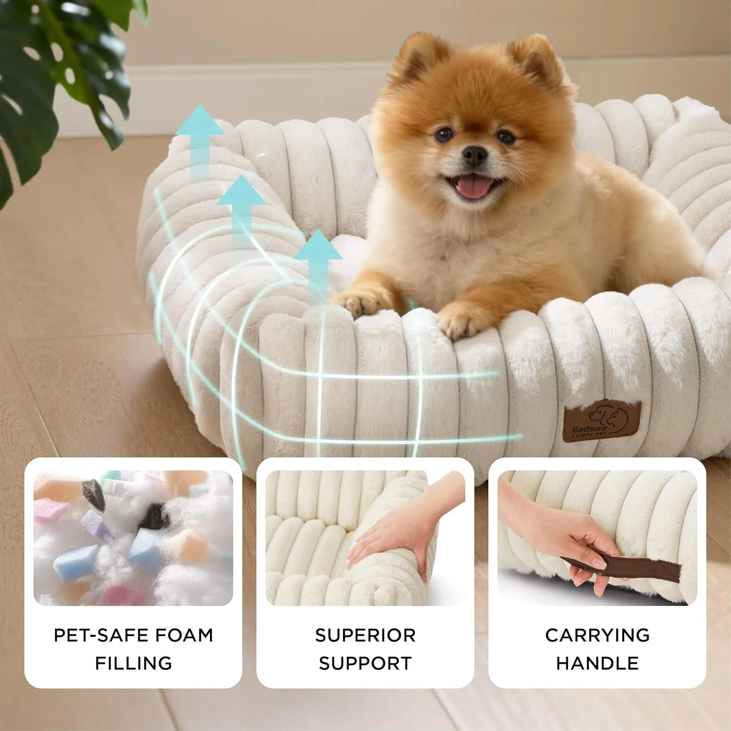 تخت خواب سگ قابل شستشو Bedsure برای سگ های متوسط - تخت خواب های توله سگ پشمی زیبا، تخت خواب های مستطیلی ارتوپدی مخملی پشمی با روکش زیپ دار جداشدنی، 63x53x17 سانتی متر، کرم