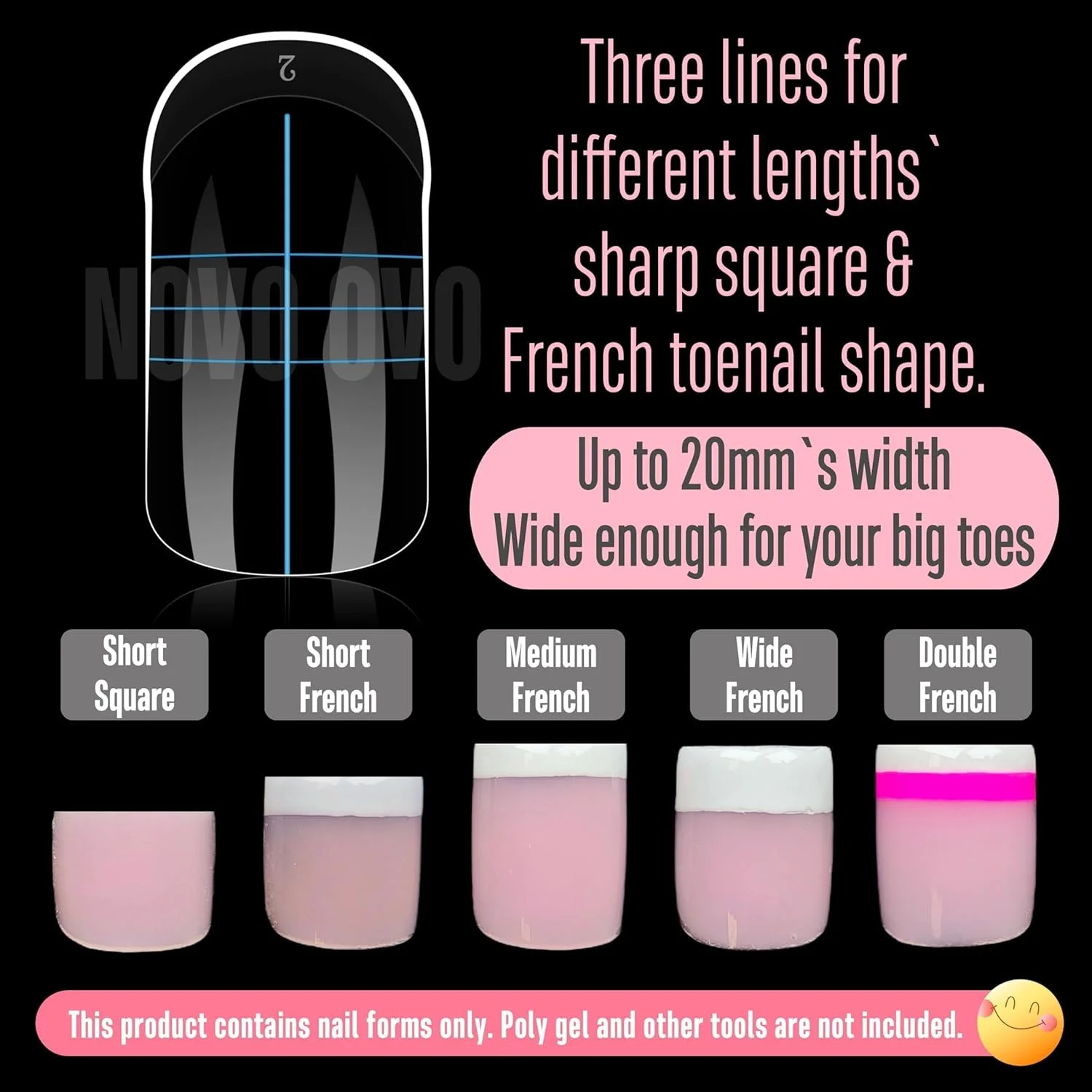 قالب ناخن پا نوو اوو 300 عددی برای اکستنشن ناخن پا با پلی ژل، قالب های تمام پوشش قابل استفاده مجدد برای ناخن های اکریلیک نوک فرانسوی، قالب های طراحی ناخن برای پدیکور، برای سالن و استفاده شخصی در خانه، 15 سایز