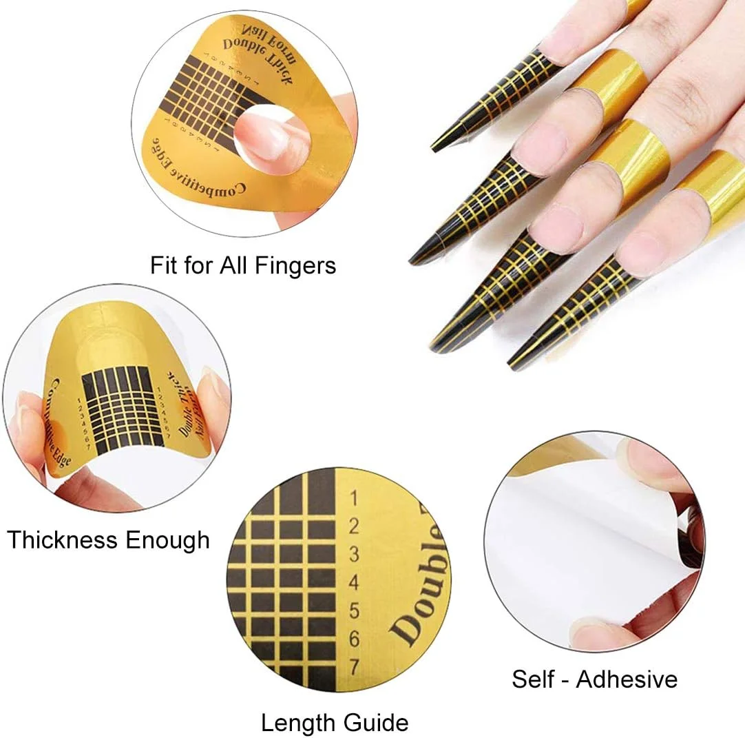 فرم های بلند کاشت ناخن ترامیلین 200 عددی برای ناخن های اکریلیک، فرم های ضخیم اکستنشن ناخن، فرم های کاغذی ناخن اکریلیک برای ناخن های ژلی، استیکرهای فرم دهنده ناخن با شماره های مشخص شده، طلایی، 200 عدد (بسته 1 عددی)