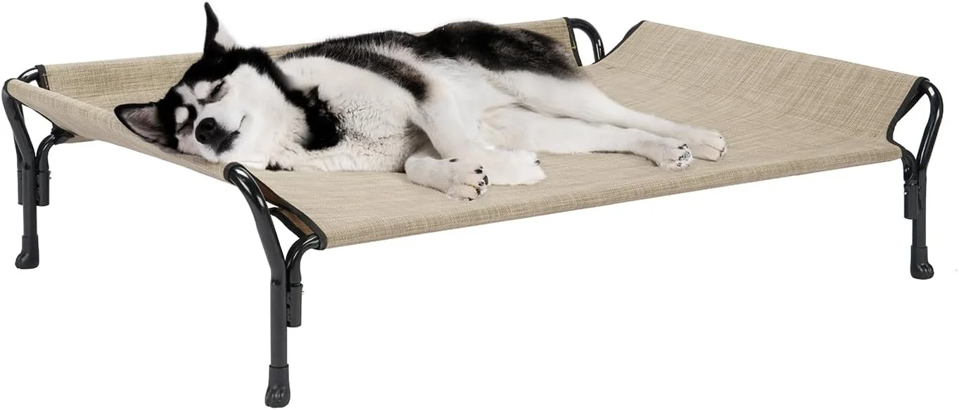 تخت سگ خنک کننده مرتفع Veehoo، تختخواب سگ برای سگ های بزرگ، تخت سگ مرتفع با نرده محافظ و تکیه گاه سر شیب دار، توری تسلین بادوام و تنفسی، تخت مبل سگ برای داخل و خارج از منزل، بزرگ، بژ قهوه ای