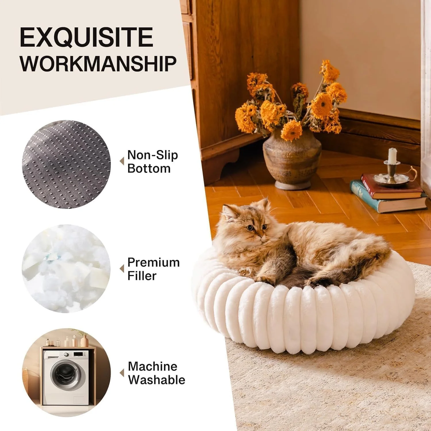 تخت خواب دوناتی سگ YOUWE7 برای سگ های کوچک، تخت خواب حیوانات خانگی متوسط قابل شستشو، تخت خواب آرامش بخش گرد و زیبا برای توله سگ با زیره ضد لغزش، حیوان خانگی کرکی قابل شستشو برای توله سگ و بچه گربه (سفید 90 سانتی متر)