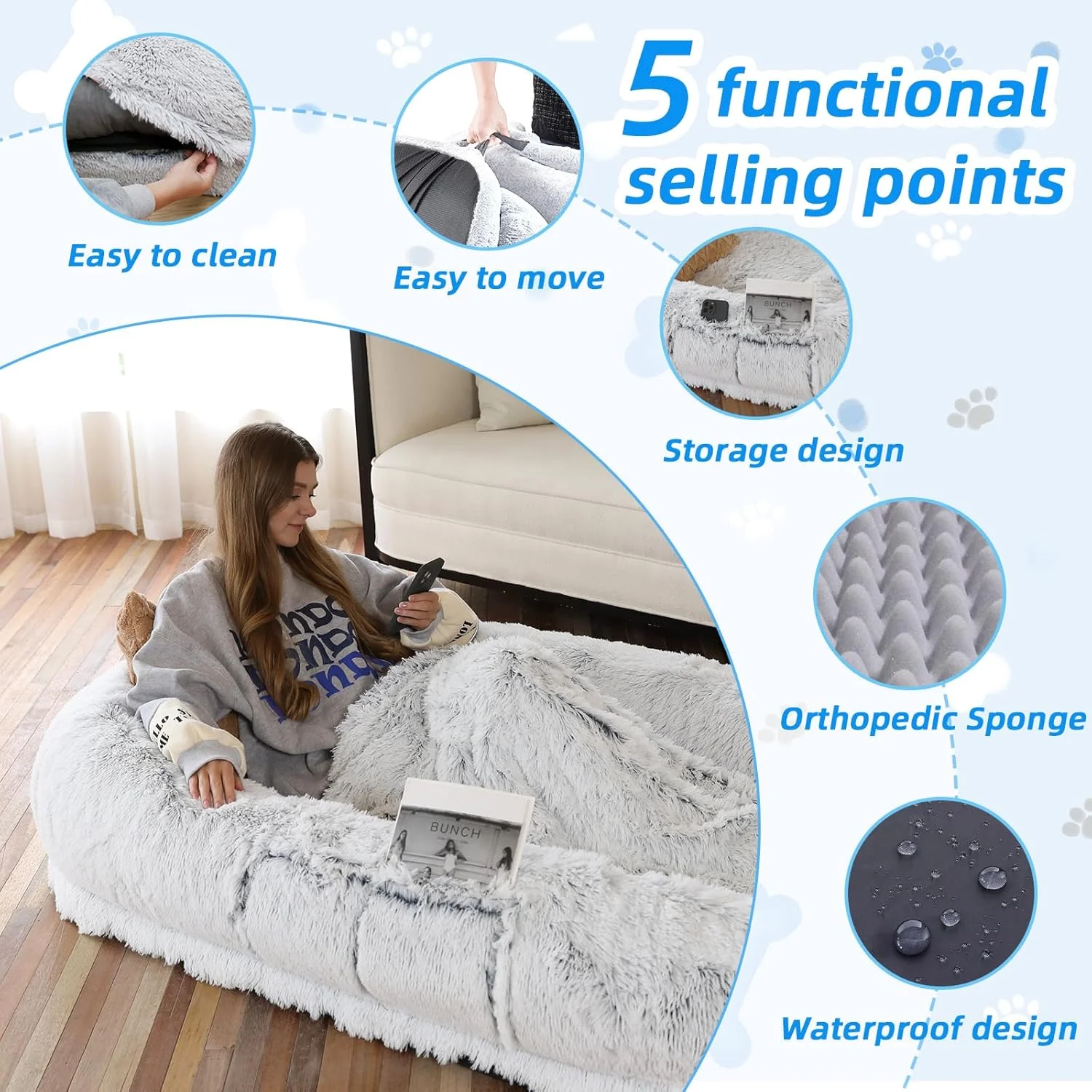 تخت خواب سگ انسانی WROS، سایز 180x114 سانتی متر، مناسب برای شما و حیوانات خانگی، تخت خواب سگ انسانی خز مصنوعی قابل شستشو برای چرت زدن، تخت خواب سگ ارتوپدی، بالش پر، پتو، بند - خاکستری