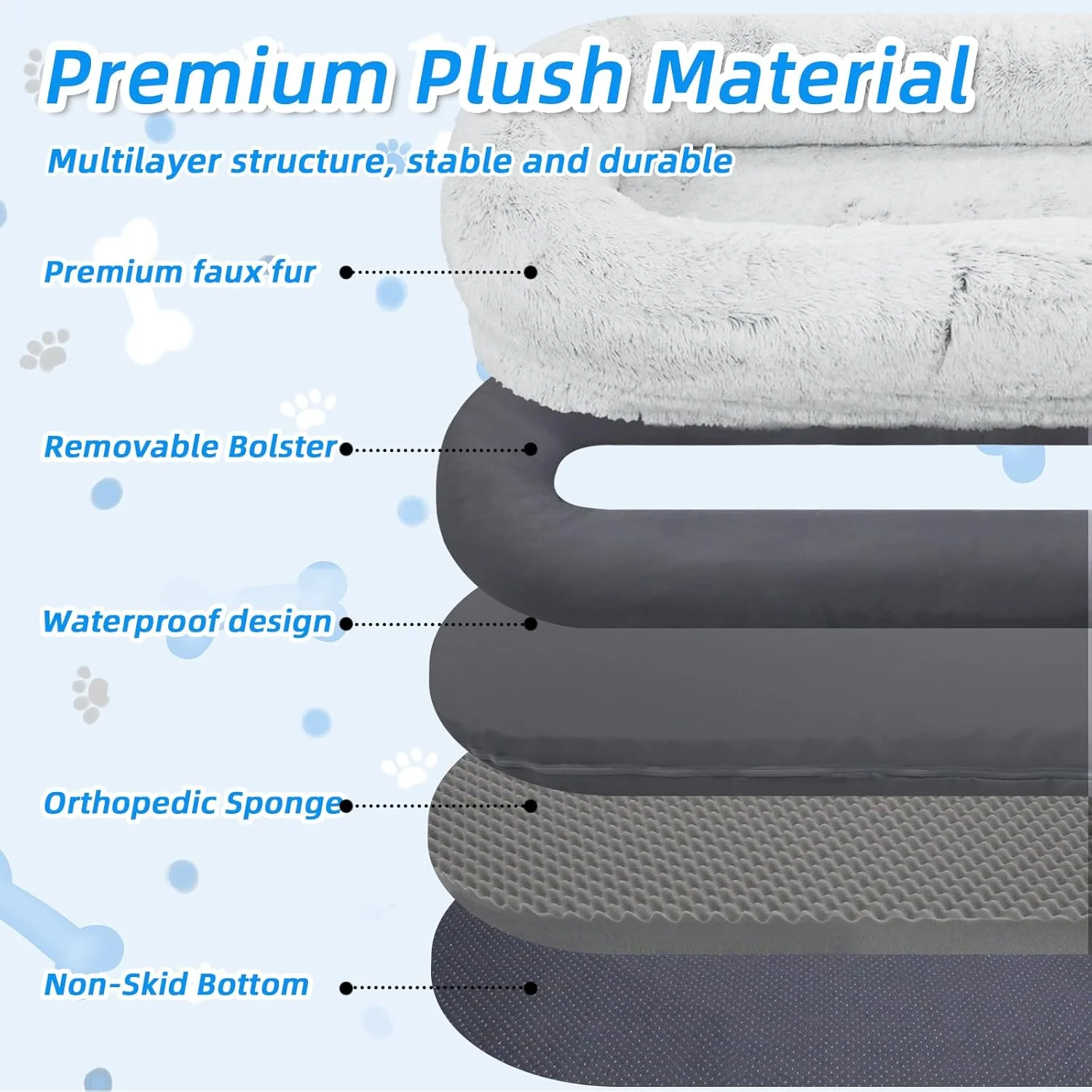 تخت خواب سگ انسانی WROS، سایز 180x114 سانتی متر، مناسب برای شما و حیوانات خانگی، تخت خواب سگ انسانی خز مصنوعی قابل شستشو برای چرت زدن، تخت خواب سگ ارتوپدی، بالش پر، پتو، بند - خاکستری
