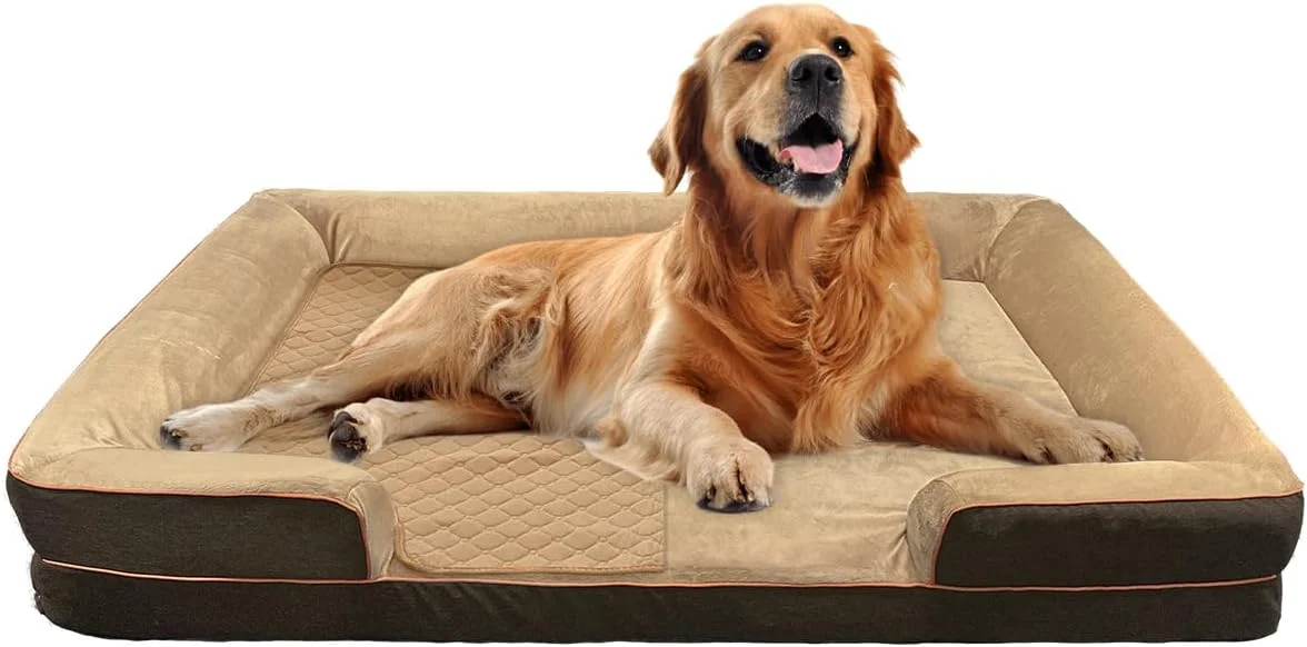 تخت خواب بزرگ سگ، تخت مبل حیوانات خانگی با روکش قابل شستشو و پد خنک کننده، فوم حافظه دار ارتوپدی و پایه ضد لغزش - تخت خواب بادوام حیوانات خانگی برای سگ های بزرگ، حیوانات خانگی چندگانه، قابل شستشو در ماشین لباسشویی، تمام فصل، قهوه ای