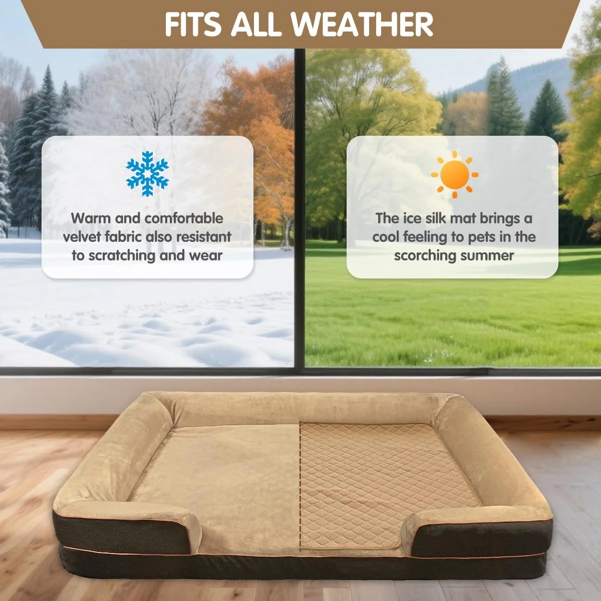 تخت خواب بزرگ سگ، تخت مبل حیوانات خانگی با روکش قابل شستشو و پد خنک کننده، فوم حافظه دار ارتوپدی و پایه ضد لغزش - تخت خواب بادوام حیوانات خانگی برای سگ های بزرگ، حیوانات خانگی چندگانه، قابل شستشو در ماشین لباسشویی، تمام فصل، قهوه ای