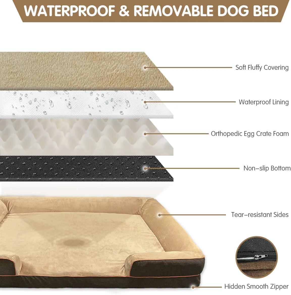 تخت خواب بزرگ سگ، تخت مبل حیوانات خانگی با روکش قابل شستشو و پد خنک کننده، فوم حافظه دار ارتوپدی و پایه ضد لغزش - تخت خواب بادوام حیوانات خانگی برای سگ های بزرگ، حیوانات خانگی چندگانه، قابل شستشو در ماشین لباسشویی، تمام فصل، قهوه ای