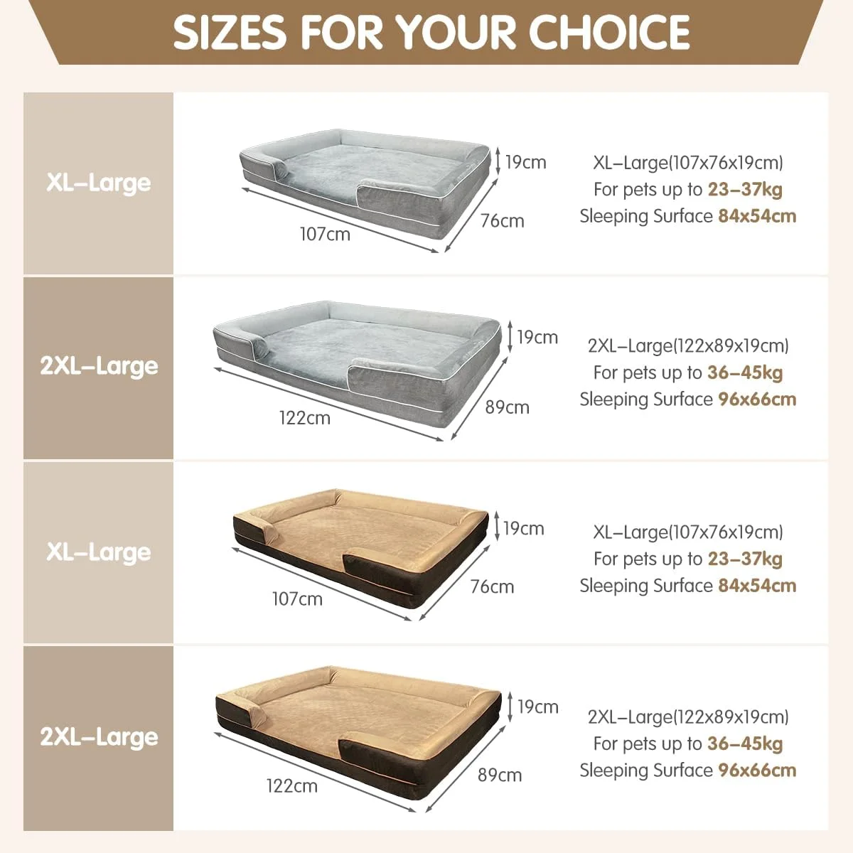 تخت خواب بزرگ سگ، تخت مبل حیوانات خانگی با روکش قابل شستشو و پد خنک کننده، فوم حافظه دار ارتوپدی و پایه ضد لغزش - تخت خواب بادوام حیوانات خانگی برای سگ های بزرگ، حیوانات خانگی چندگانه، قابل شستشو در ماشین لباسشویی، تمام فصل، قهوه ای