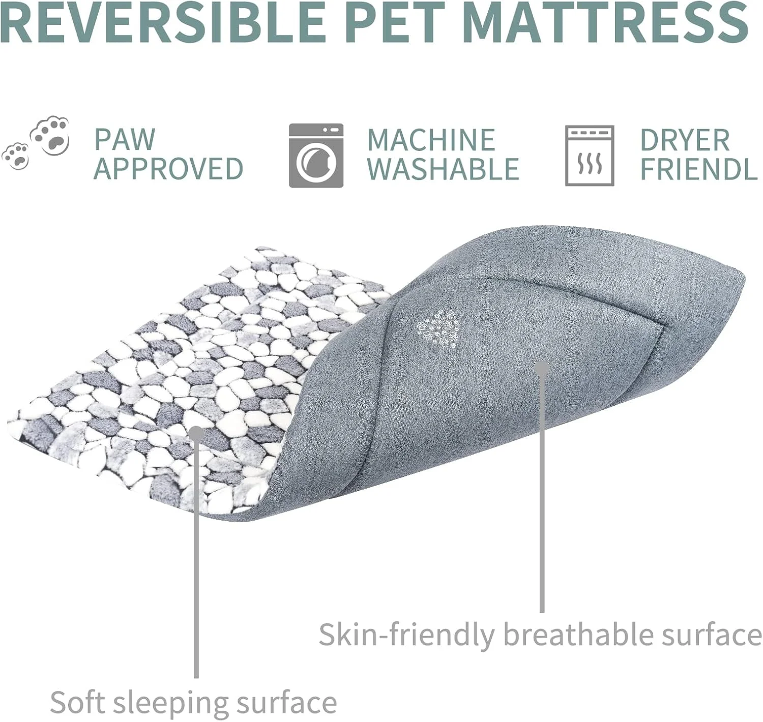 پد بستر باکس سگ VANKEAN دو طرفه (گرم و خنک)، تشک خواب نرم حیوانات خانگی، مناسب برای سگ ها و گربه های کوچک تا خیلی بزرگ، تخت باکس قابل شستشو در ماشین لباسشویی، طرح سنگ خاکستری