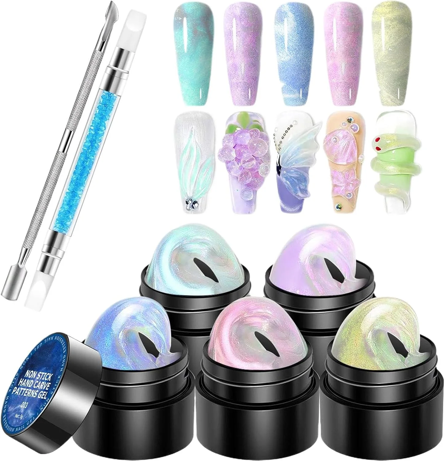 ژل طراحی ناخن سه بعدی - ژل اکستنشن طراحی ناخن 5 رنگ، کیت ابزار غیر چسبنده، ست مانیکور با قلم طراحی برای قالب گیری، ساخت و نقاشی