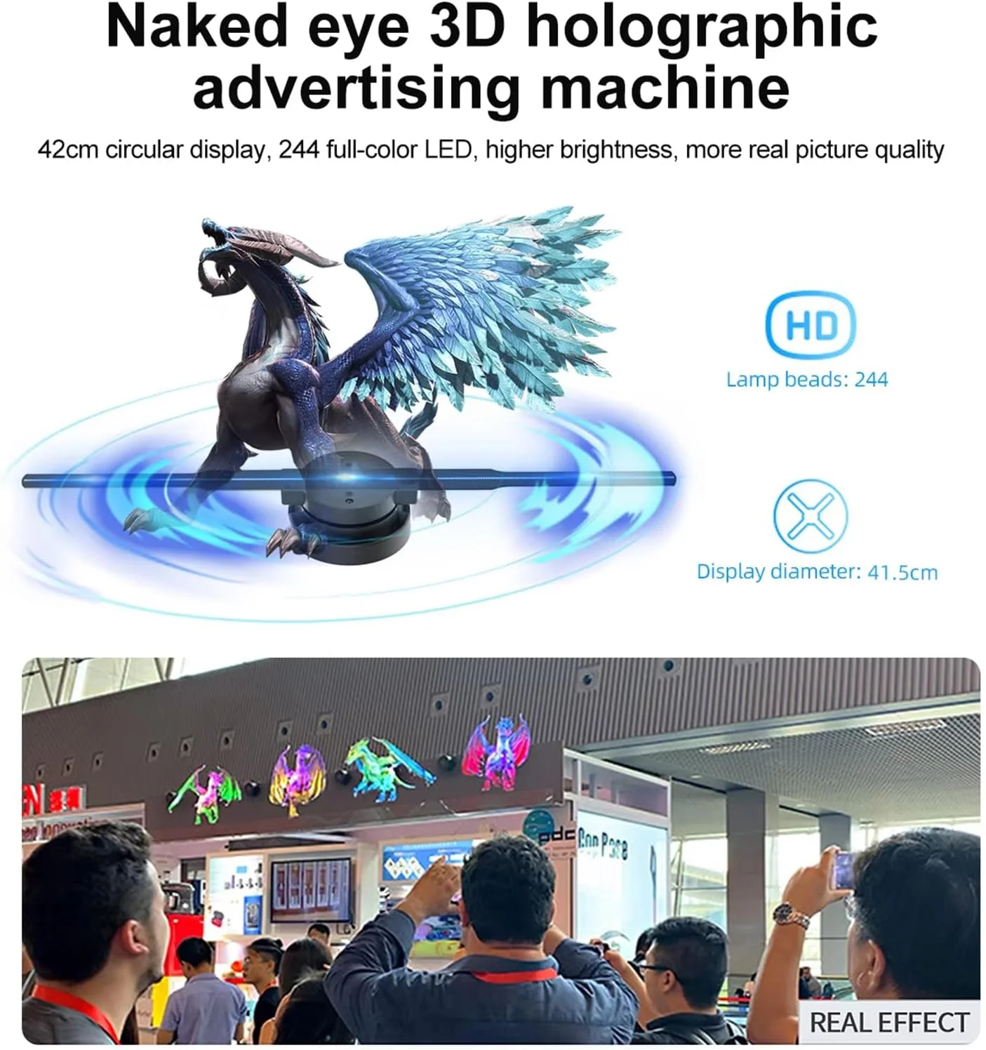 فن هولوگرام سه بعدی VoOqo، پروژکتور هولوگرام سه بعدی 42 سانتی متری، نمایشگر تبلیغاتی پروژکتور هولوگرام سه بعدی، رزولوشن بالا 640P، 224 چراغ LED برای نمایشگاه ها، مراکز خرید، سینماها، فرودگاه ها، تبلیغات، خرده فروشی