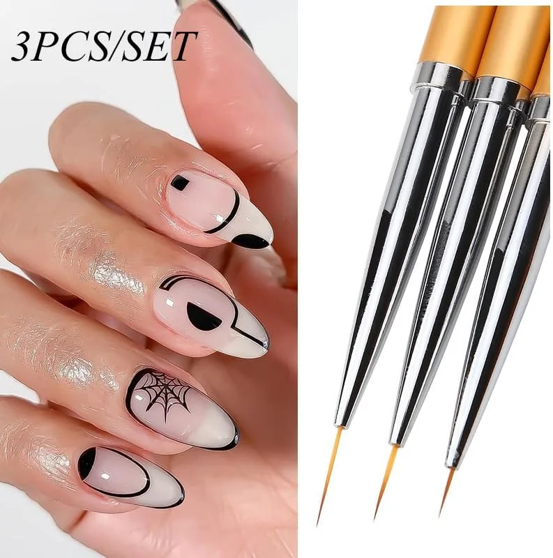 ست 3 عددی قلموهای طراحی ناخن با سر گرد فلزی، مناسب برای ژل، اکستنشن، طراحی، خط کشی، طراحی گل و گلبرگ، ابزار مانیکور